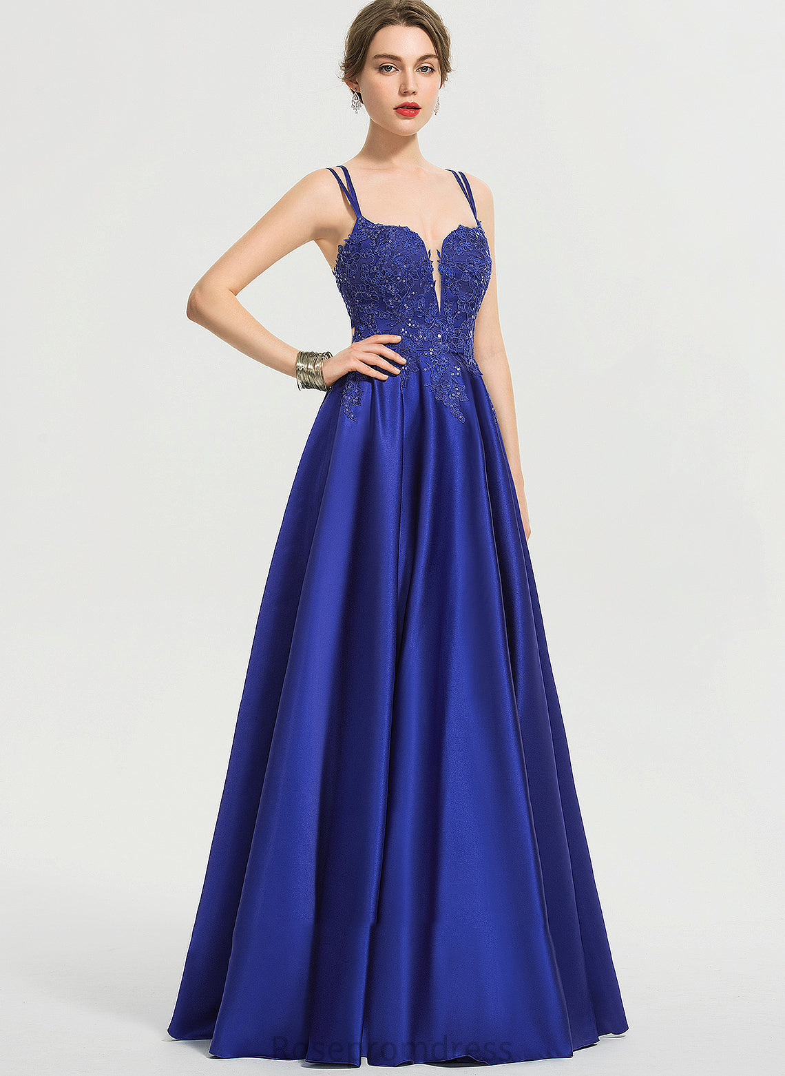 Sequins Front Floor-Length With Prom Dresses Split Ball-Gown/Princess Miley Satin V-neck