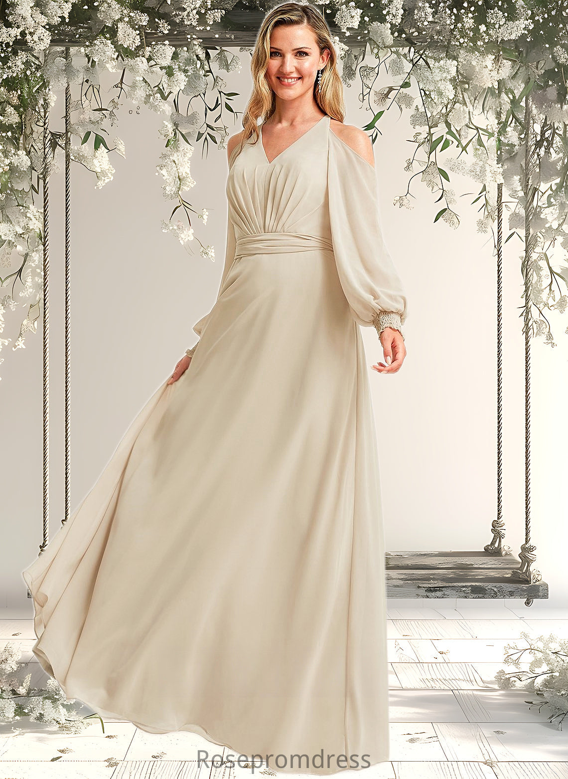 Lesly A-line Cold Shoulder Floor-Length Chiffon Bridesmaid Dress DSP0025760