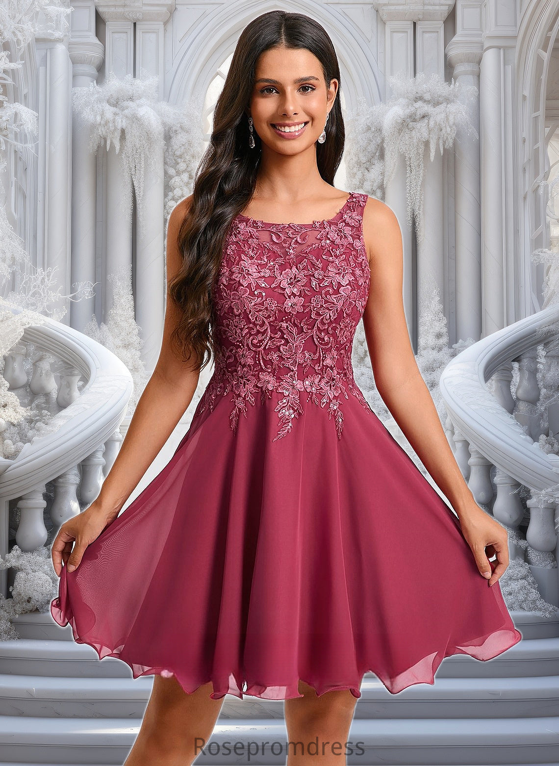 Evangeline A-line Scoop Short Chiffon Homecoming Dress With Sequins Appliques Lace DSP0025681