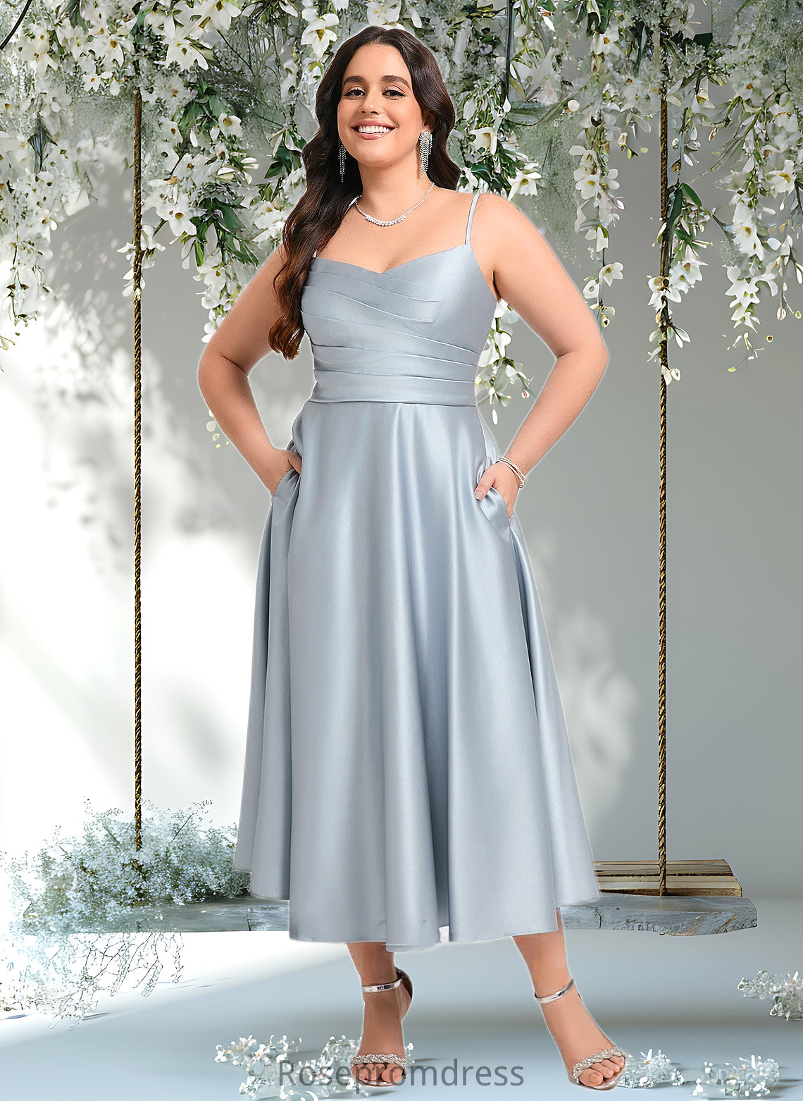 Marissa A-line V-Neck Tea-Length Satin Bridesmaid Dress DSP0025794