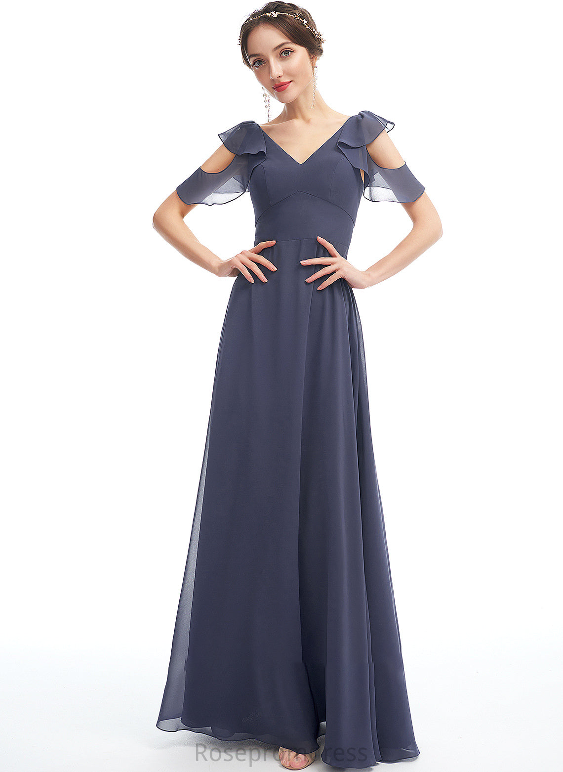A-Line Fabric Silhouette V-neck Neckline Embellishment Ruffle Floor-Length Length Ariel Bridesmaid Dresses