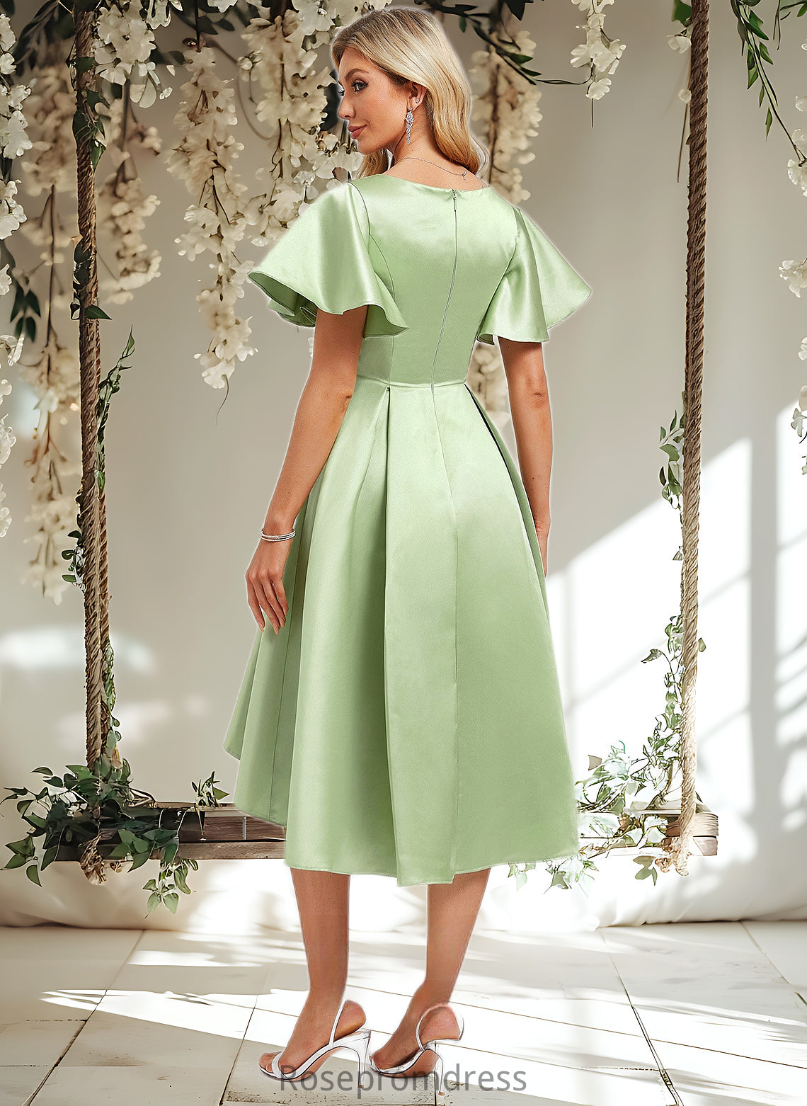 Daisy A-line V-Neck Asymmetrical Satin Bridesmaid Dress With Ruffle DSP0025776