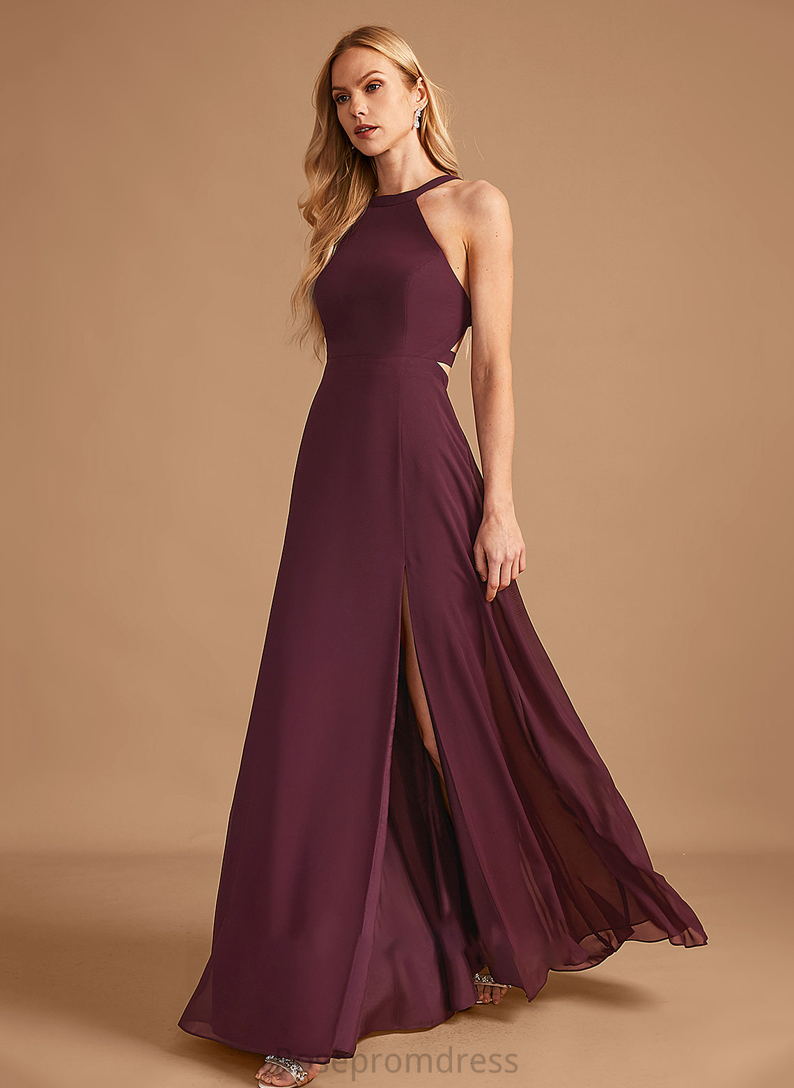 Silhouette Embellishment Fabric Neckline SplitFront Floor-Length Length HighNeck A-Line Damaris Bridesmaid Dresses