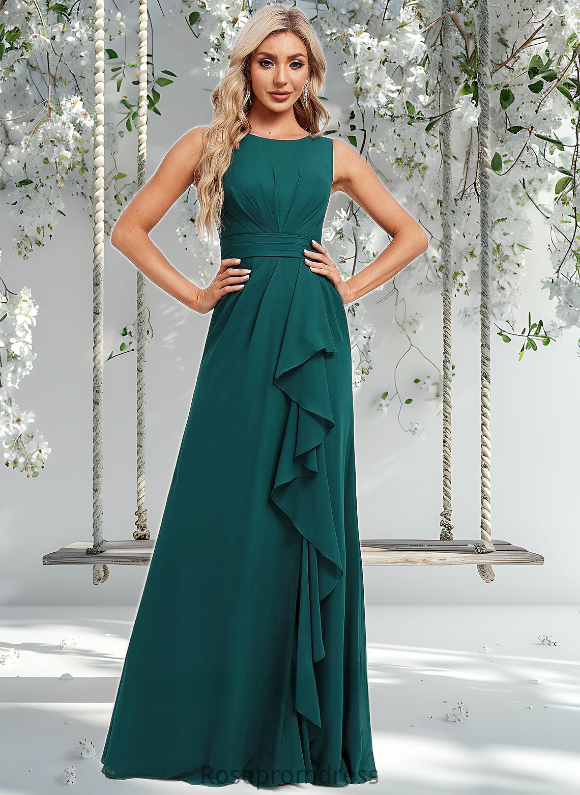 Mary A-line Scoop Floor-Length Chiffon Bridesmaid Dress With Ruffle DSP0025814