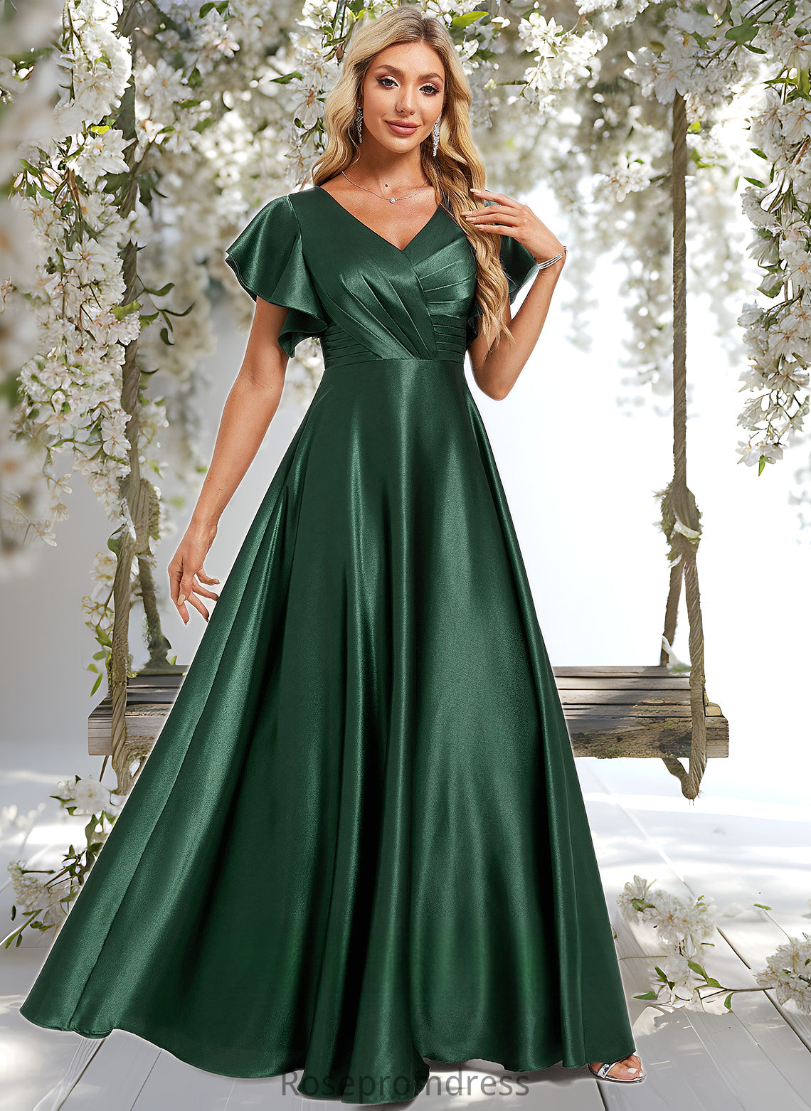 Marie A-line V-Neck Floor-Length Stretch Satin Bridesmaid Dress With Ruffle DSP0025773