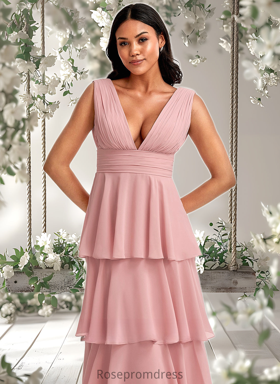 Tricia A-line V-Neck Floor-Length Chiffon Bridesmaid Dress DSP0025749