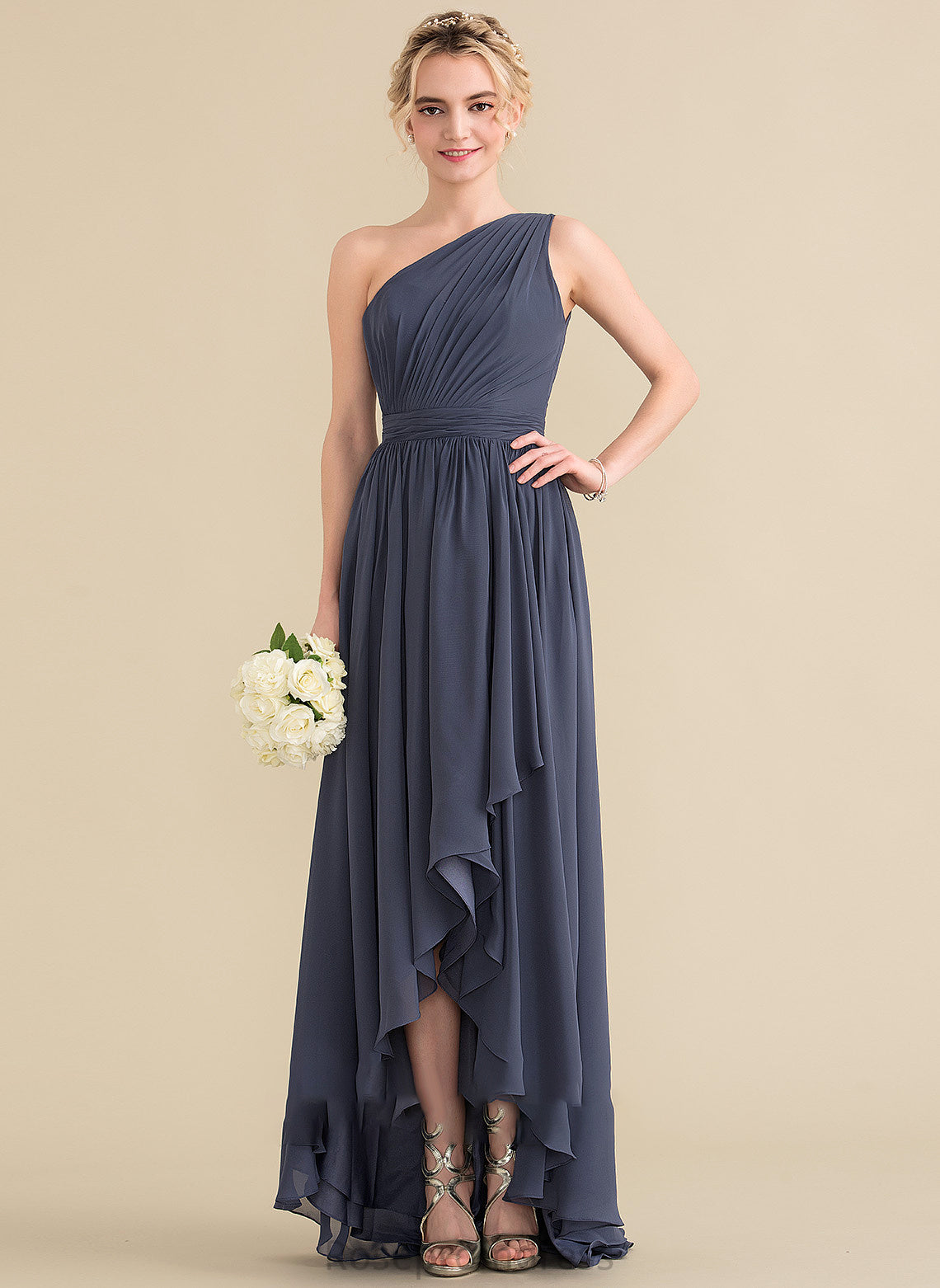 Neckline Fabric Length Silhouette CascadingRuffles One-Shoulder Asymmetrical A-Line Embellishment June A-Line/Princess V-Neck Bridesmaid Dresses