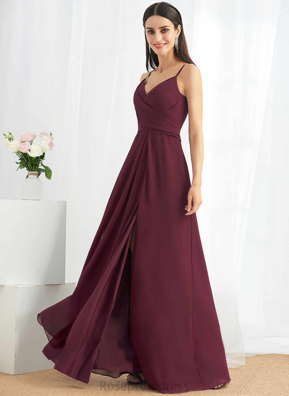 Length A-Line SplitFront V-neck Silhouette Fabric Ruffle Neckline Embellishment Floor-Length Theresa A-Line/Princess Bridesmaid Dresses