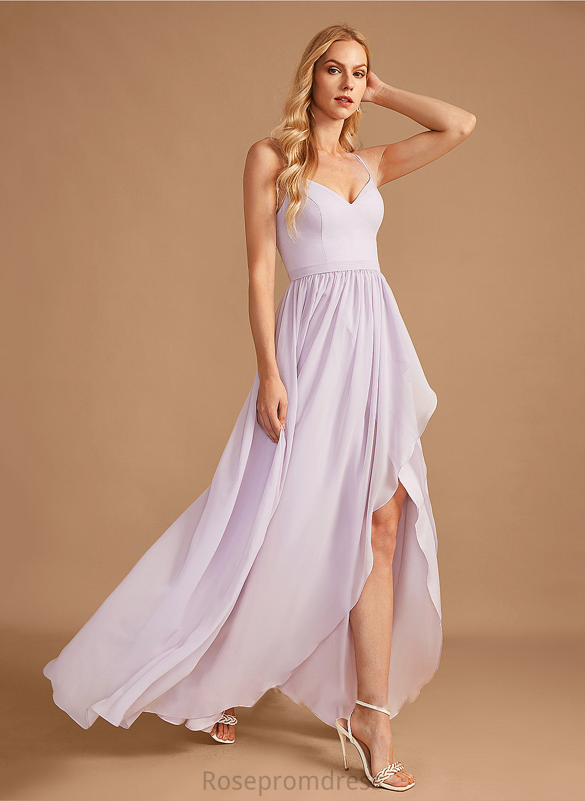 Asymmetrical Fabric SplitFront Silhouette Length Neckline Ruffle V-neck Embellishment A-Line Sofia Sleeveless Bridesmaid Dresses