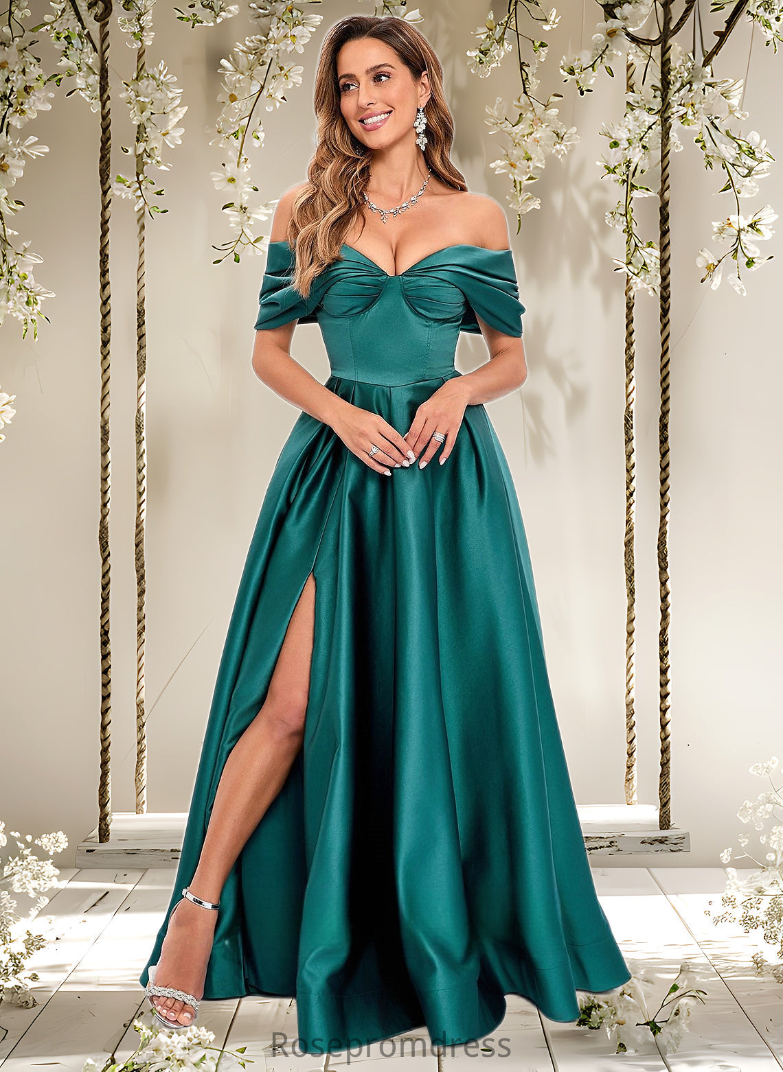 Setlla A-line Off the Shoulder Floor-Length Satin Prom Dresses With Pleated DSP0025851