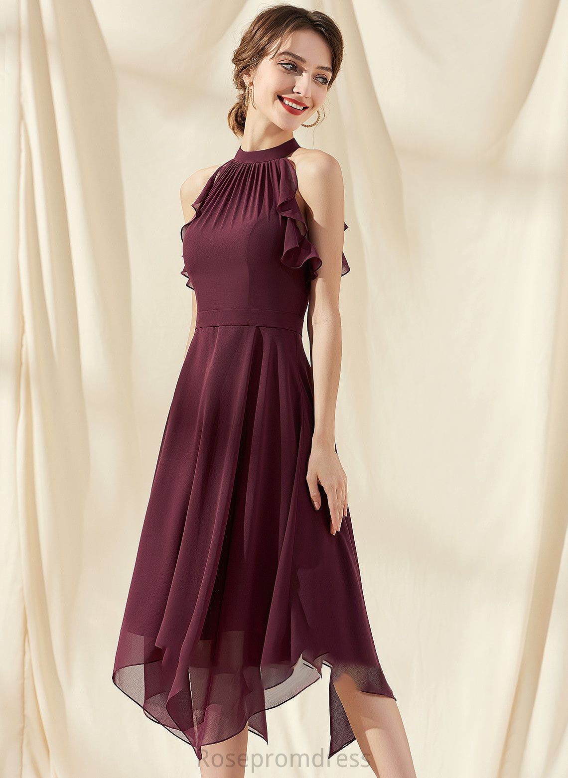 Silhouette ScoopNeck Tea-Length Neckline A-Line Embellishment Fabric CascadingRuffles Length Aylin Bridesmaid Dresses