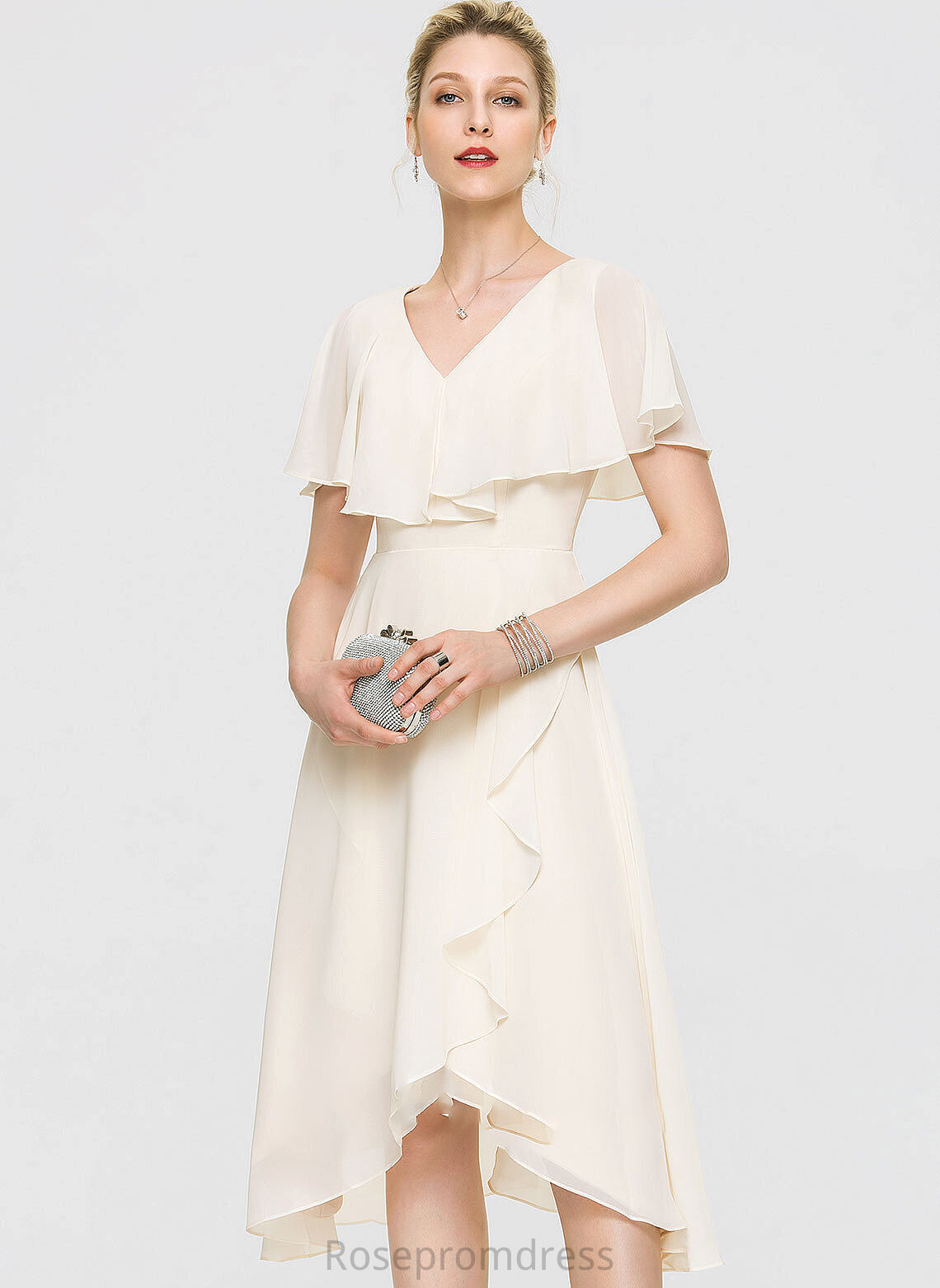 A-Line Ruffles Asymmetrical Wedding Dress Joyce Chiffon With Wedding Dresses Bow(s) Cascading V-neck