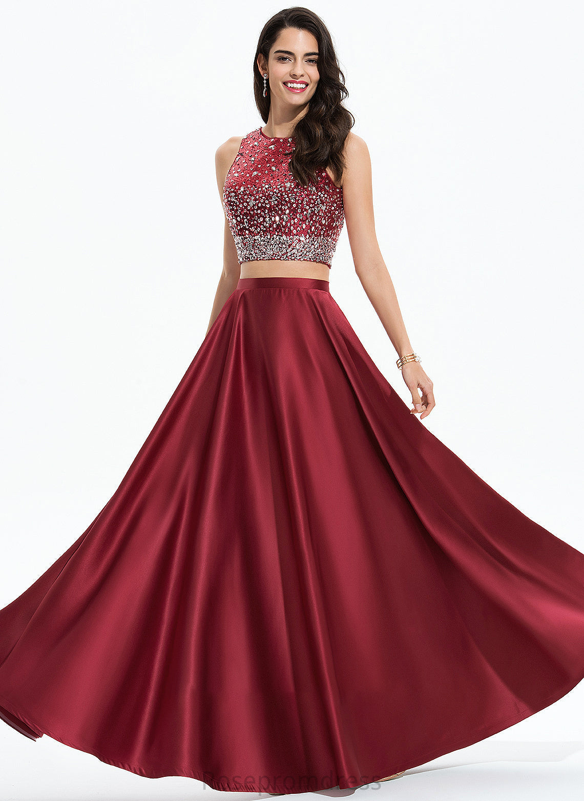 Sequins Sariah Scoop Neck Satin Beading A-Line Floor-Length With Prom Dresses