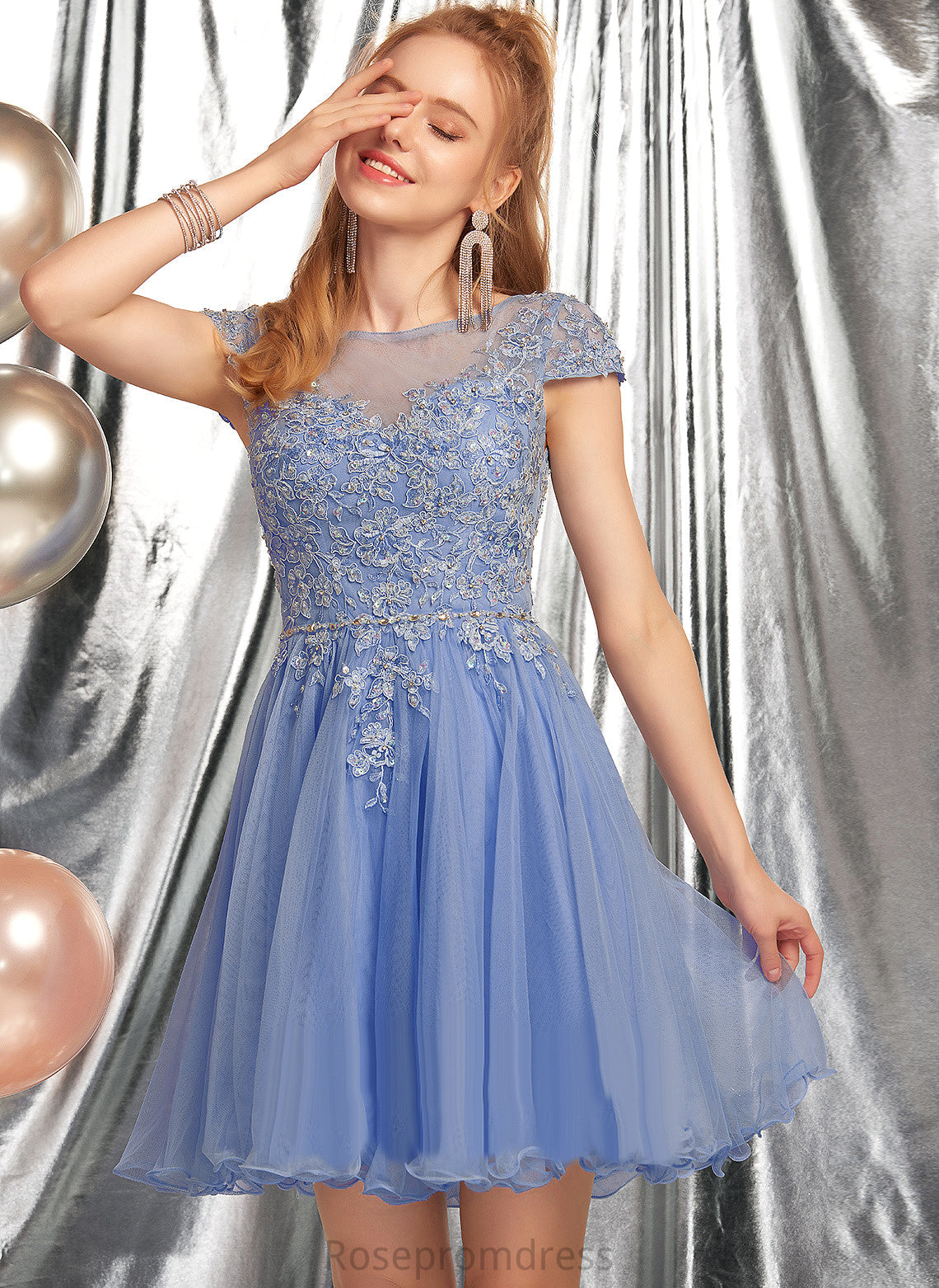 A-Line Neck Scoop Kira Short/Mini Beading Dress Tulle With Appliques Homecoming Lace Homecoming Dresses Lace