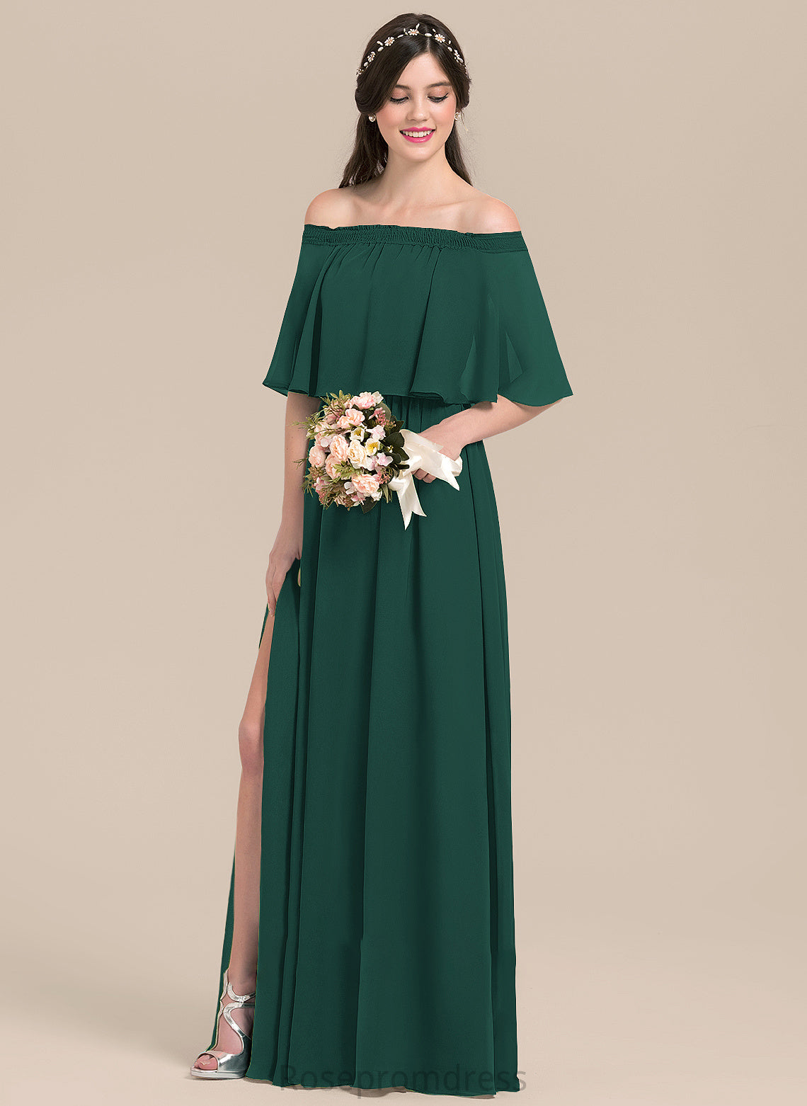 Fabric Silhouette Length Neckline Embellishment Off-the-Shoulder SplitFront A-Line Floor-Length Haley High Low Natural Waist Bridesmaid Dresses
