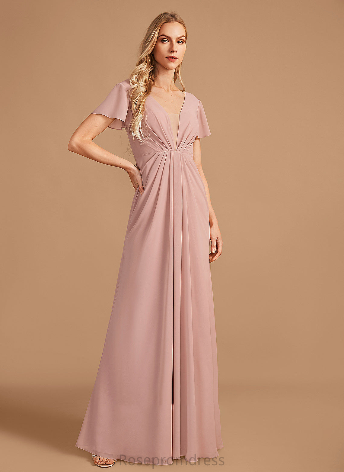 Silhouette Ruffle V-neck Neckline Fabric Embellishment Length A-Line Floor-Length Cameron Natural Waist Sleeveless Bridesmaid Dresses