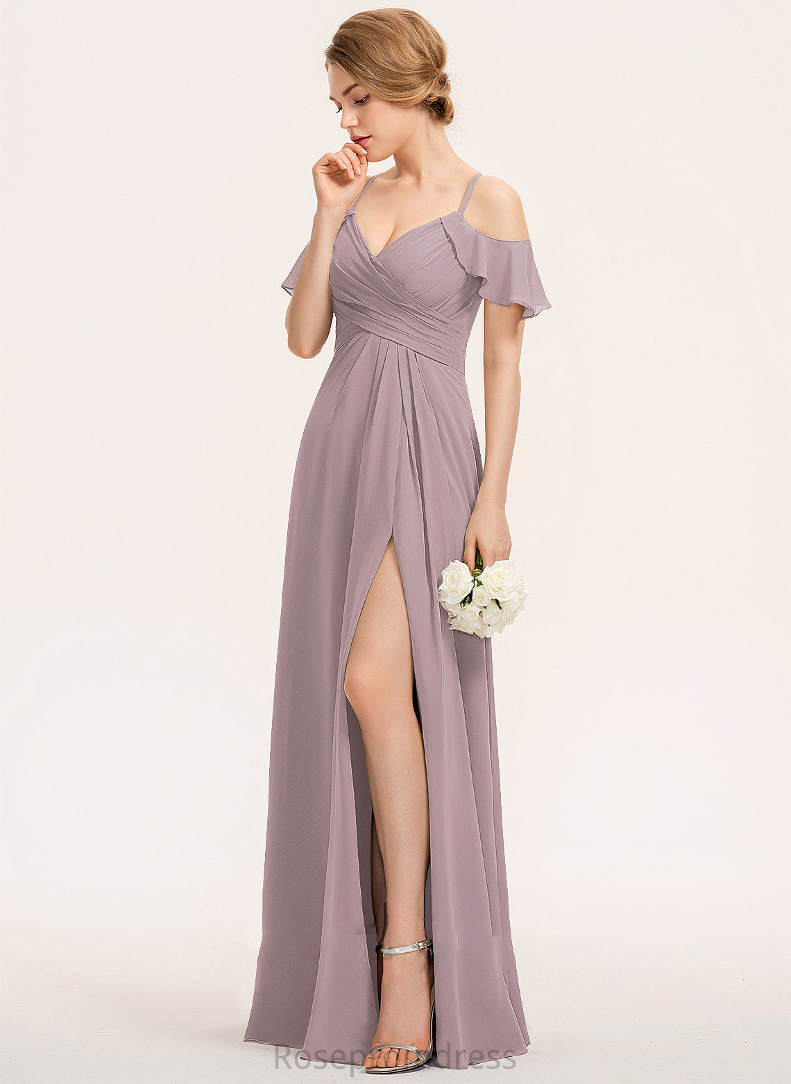 V-neck SplitFront Ruffle CascadingRuffles A-Line Length Neckline Floor-Length Silhouette Embellishment Fabric Kendall Bridesmaid Dresses