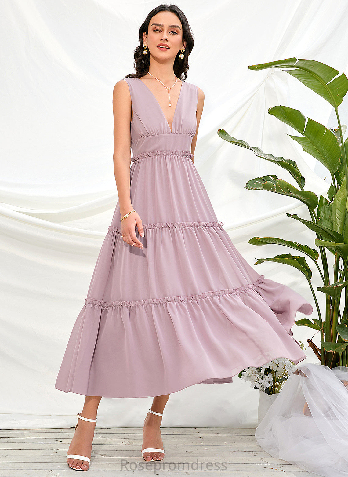 Neckline A-Line Polyester Length Silhouette Straps Fabric V-neck Tea-Length Annabel A-Line/Princess Natural Waist Bridesmaid Dresses