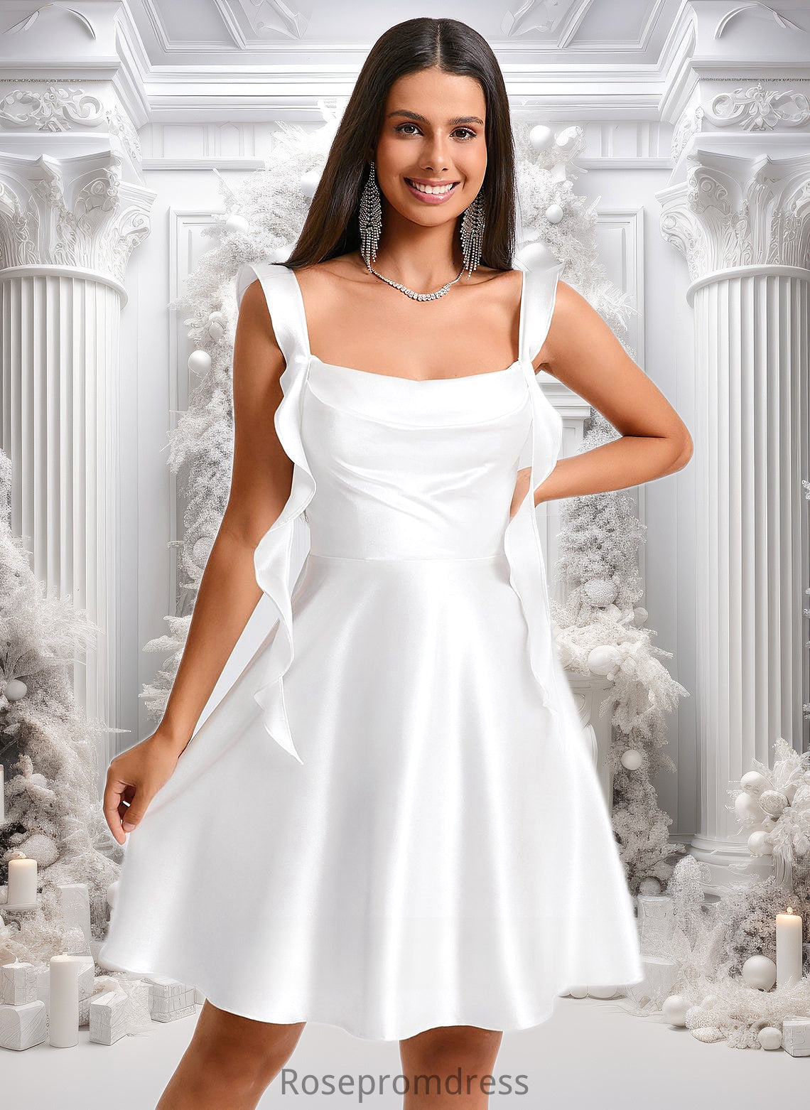 Jaelynn A-line Scoop Short Stretch Satin Homecoming Dress With Cascading Ruffles DSP0025653