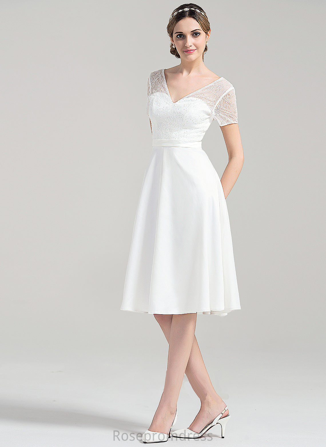 Ashlee V-neck A-Line Satin Dress Wedding Knee-Length Wedding Dresses