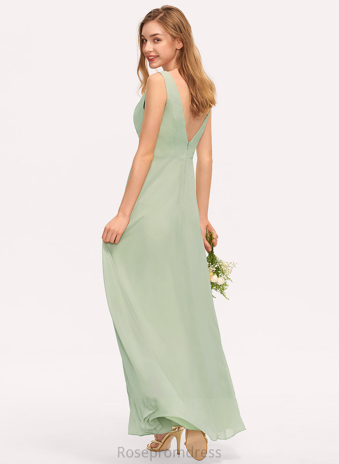 Silhouette V-neck Embellishment Length Fabric Ruffle SplitFront Floor-Length Neckline A-Line Elva V-Neck Bridesmaid Dresses