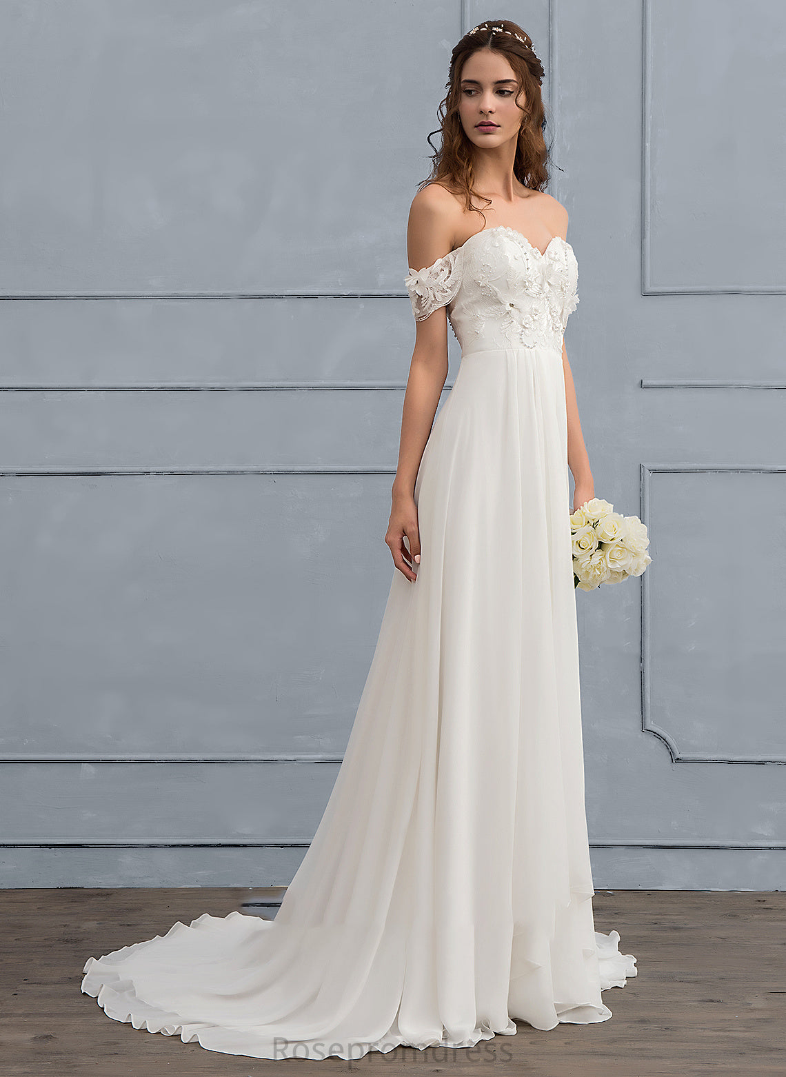 Lace Train Dress Juliette With A-Line Wedding Wedding Dresses Sweep Chiffon Flower(s) Beading