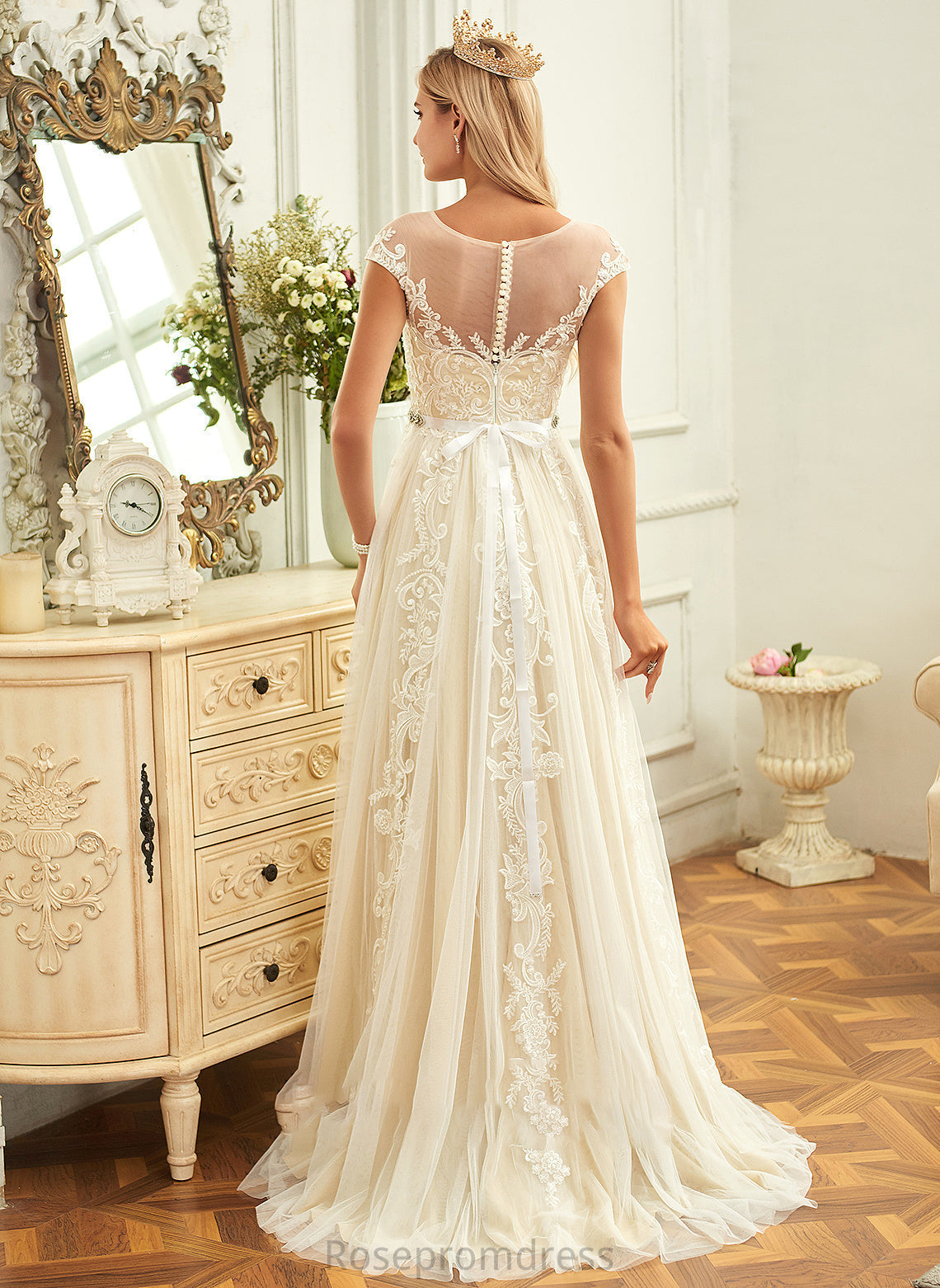 Josie Wedding Dresses A-Line Train Wedding Sweep Dress Ruffle Tulle With Lace Neck Scoop Lace
