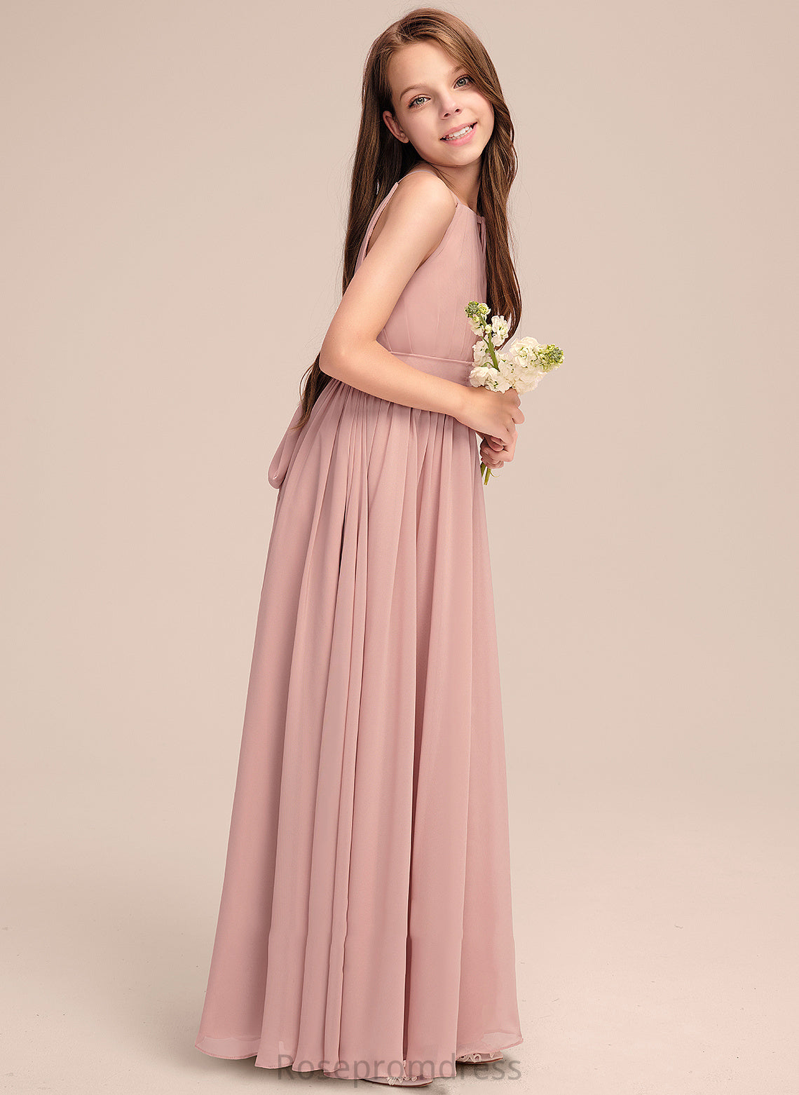 Bow(s) With Floor-Length Junior Bridesmaid Dresses Neck Scoop A-Line Ruffle Chiffon Belinda