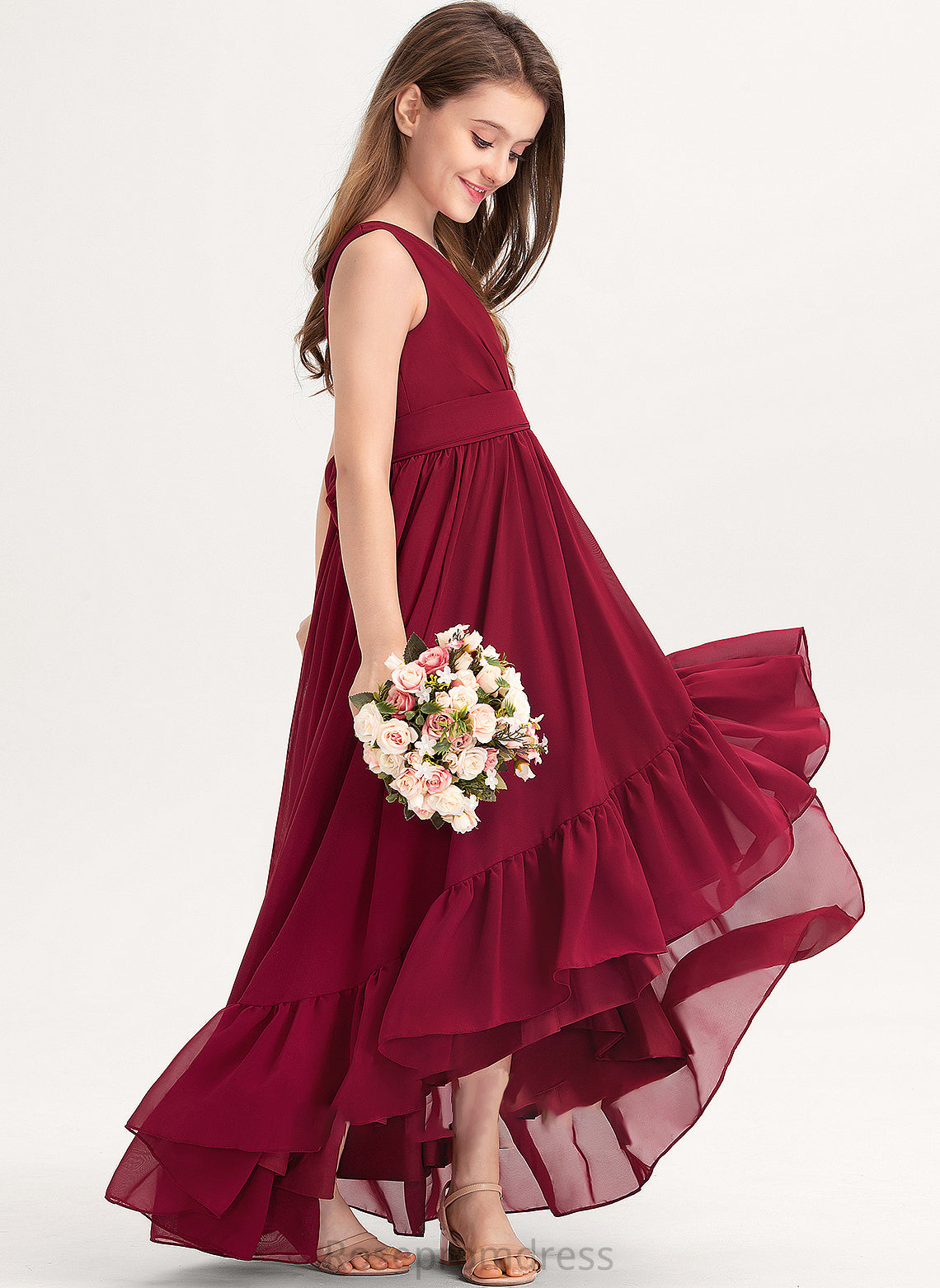 With Cascading V-neck Miah Chiffon A-Line Ruffles Bow(s) Asymmetrical Junior Bridesmaid Dresses