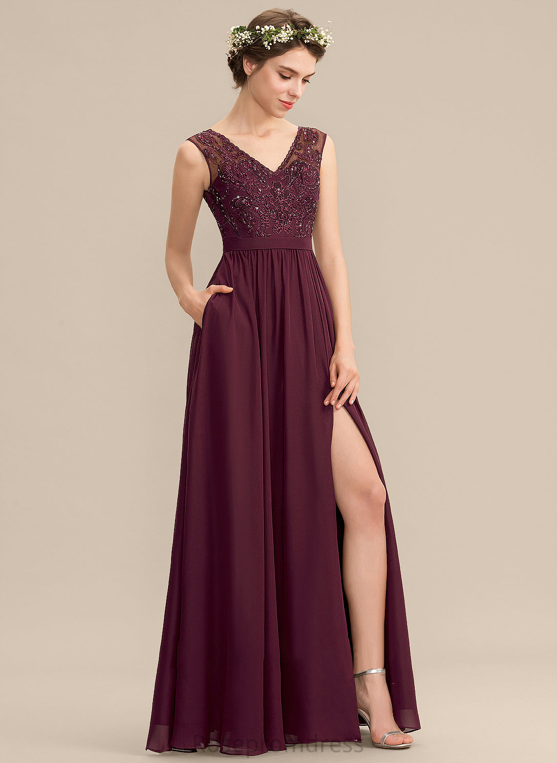 A-Line Silhouette SplitFront Embellishment Length Sequins V-neck Pockets Neckline Beading Floor-Length Fabric Bridesmaid Dresses
