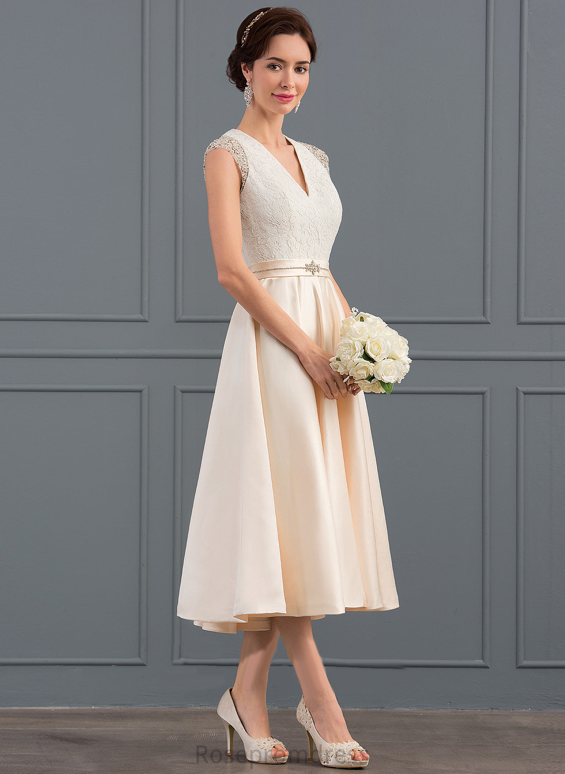 Adelyn Dress Tea-Length Sequins V-neck Wedding With Satin Wedding Dresses A-Line Beading