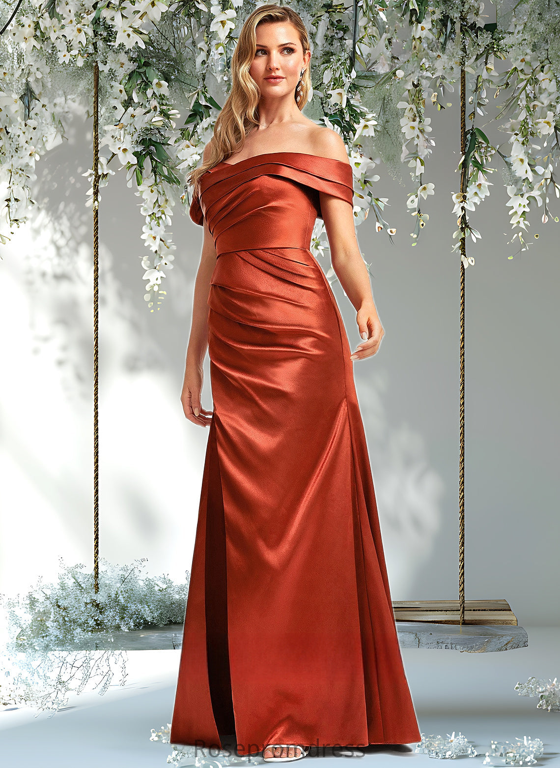 Amelia A-line Off the Shoulder Floor-Length Stretch Satin Bridesmaid Dress DSP0025757