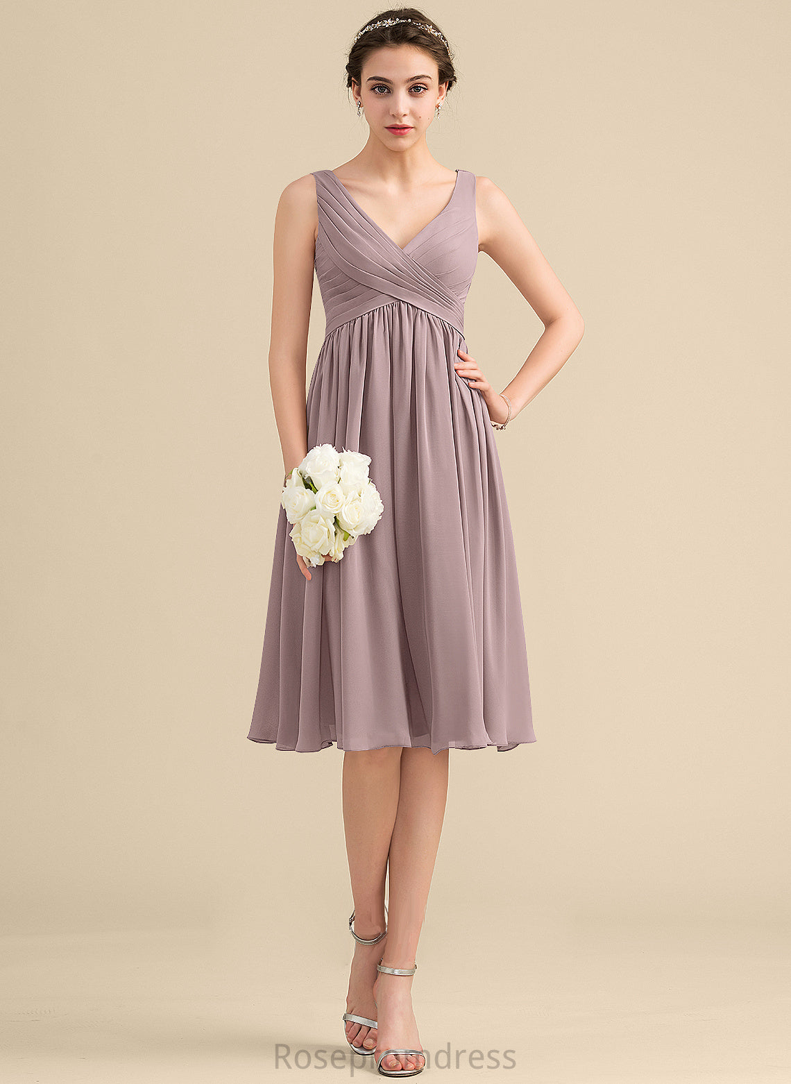 Fabric Knee-Length Embellishment Neckline Silhouette Empire V-neck CascadingRuffles Length Tania Bridesmaid Dresses