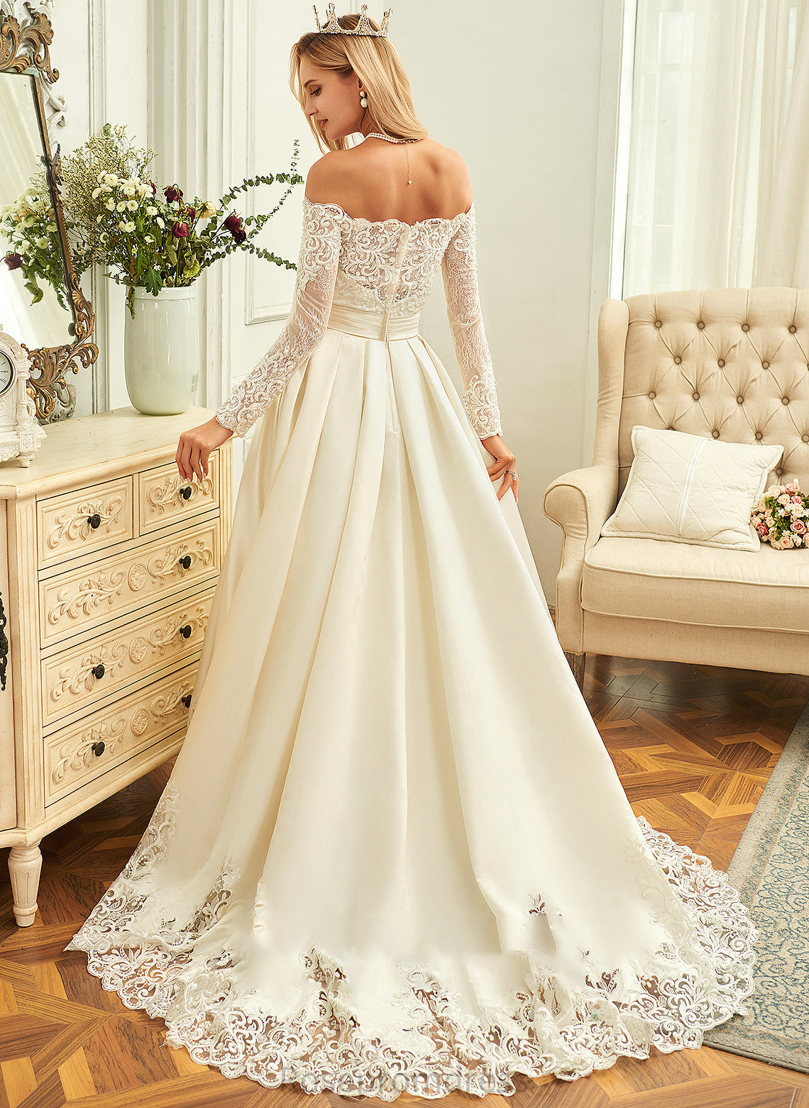 Sequins Satin Wedding Dresses Beading Sweep Wedding Dress Train Ball-Gown/Princess Deborah With