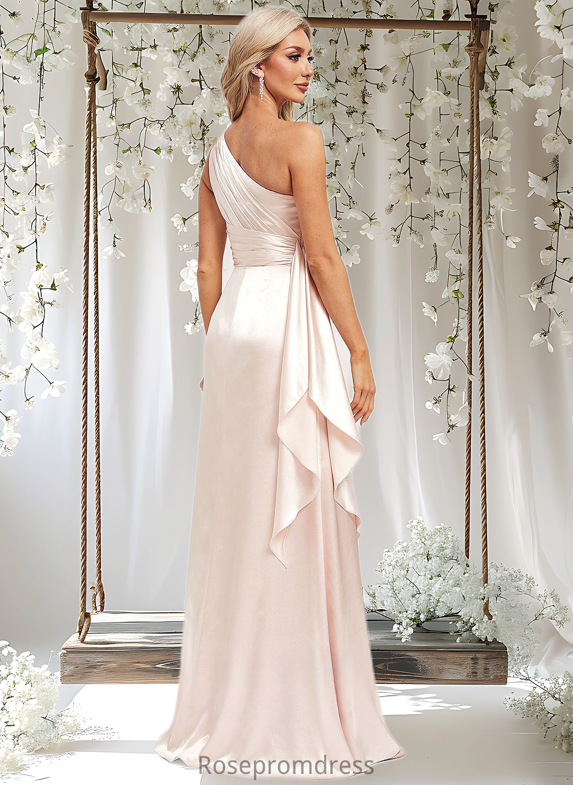 Bridget A-line One Shoulder Floor-Length Stretch Satin Bridesmaid Dress With Ruffle DSP0025818