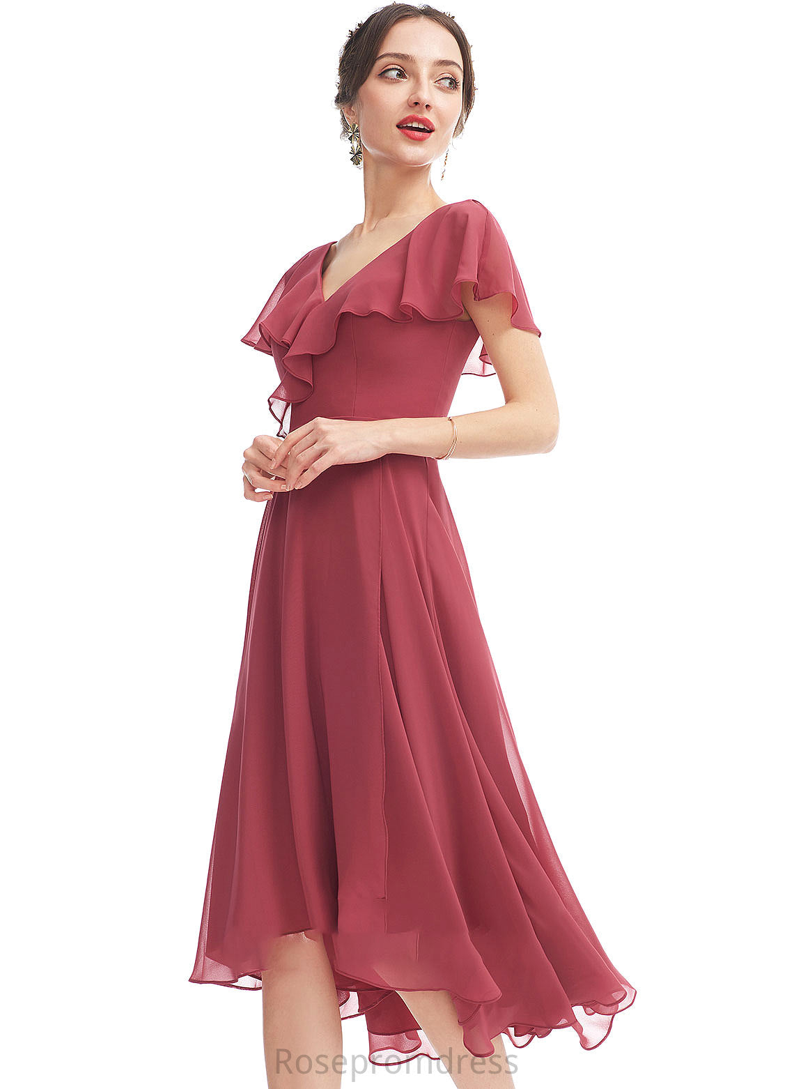 Neckline Fabric A-Line Silhouette Embellishment Length Ruffle V-neck Asymmetrical Violet Bridesmaid Dresses