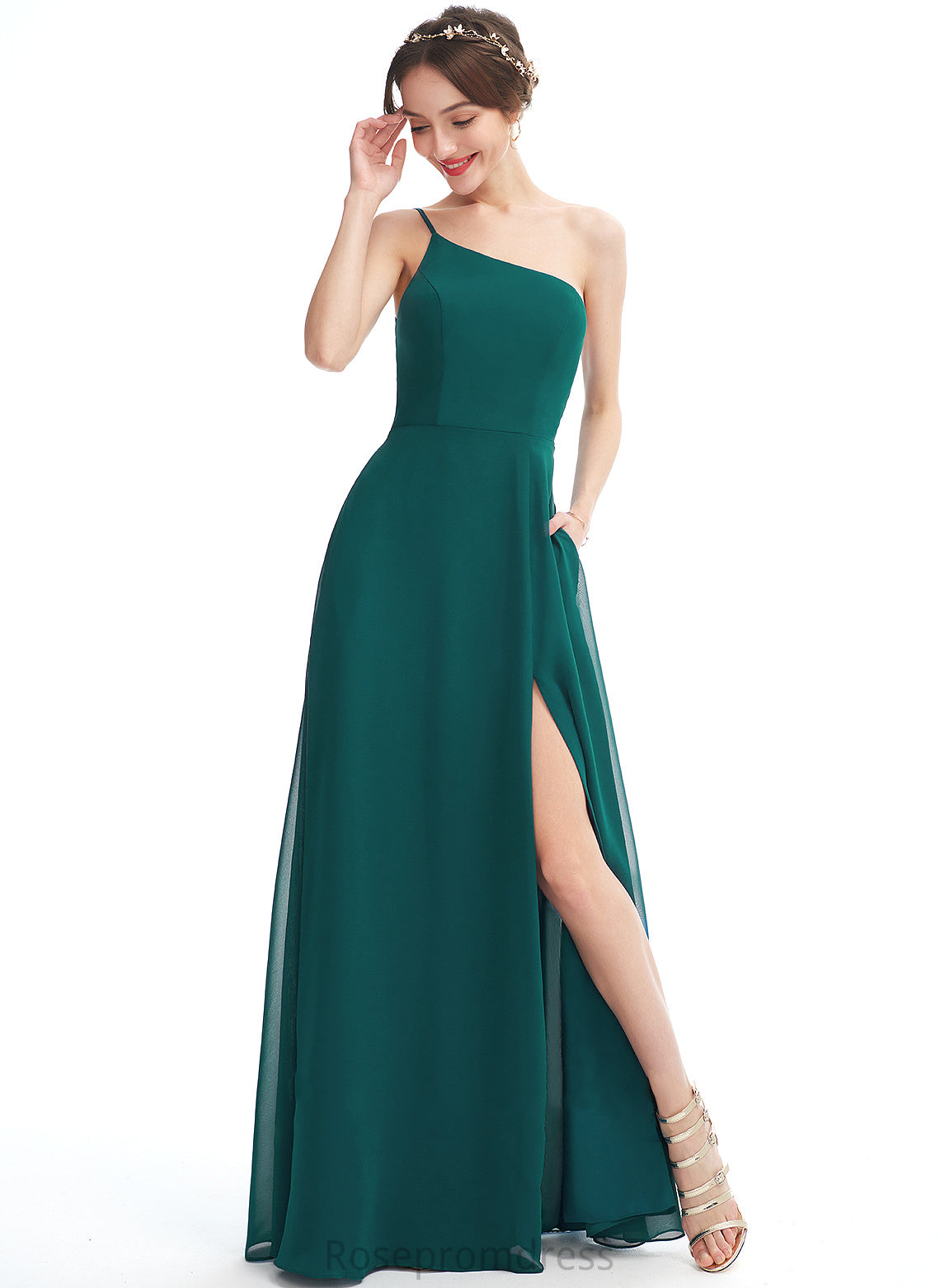 Floor-Length Fabric SplitFront Length Neckline Pockets One-Shoulder A-Line Embellishment Silhouette Kierra Bridesmaid Dresses