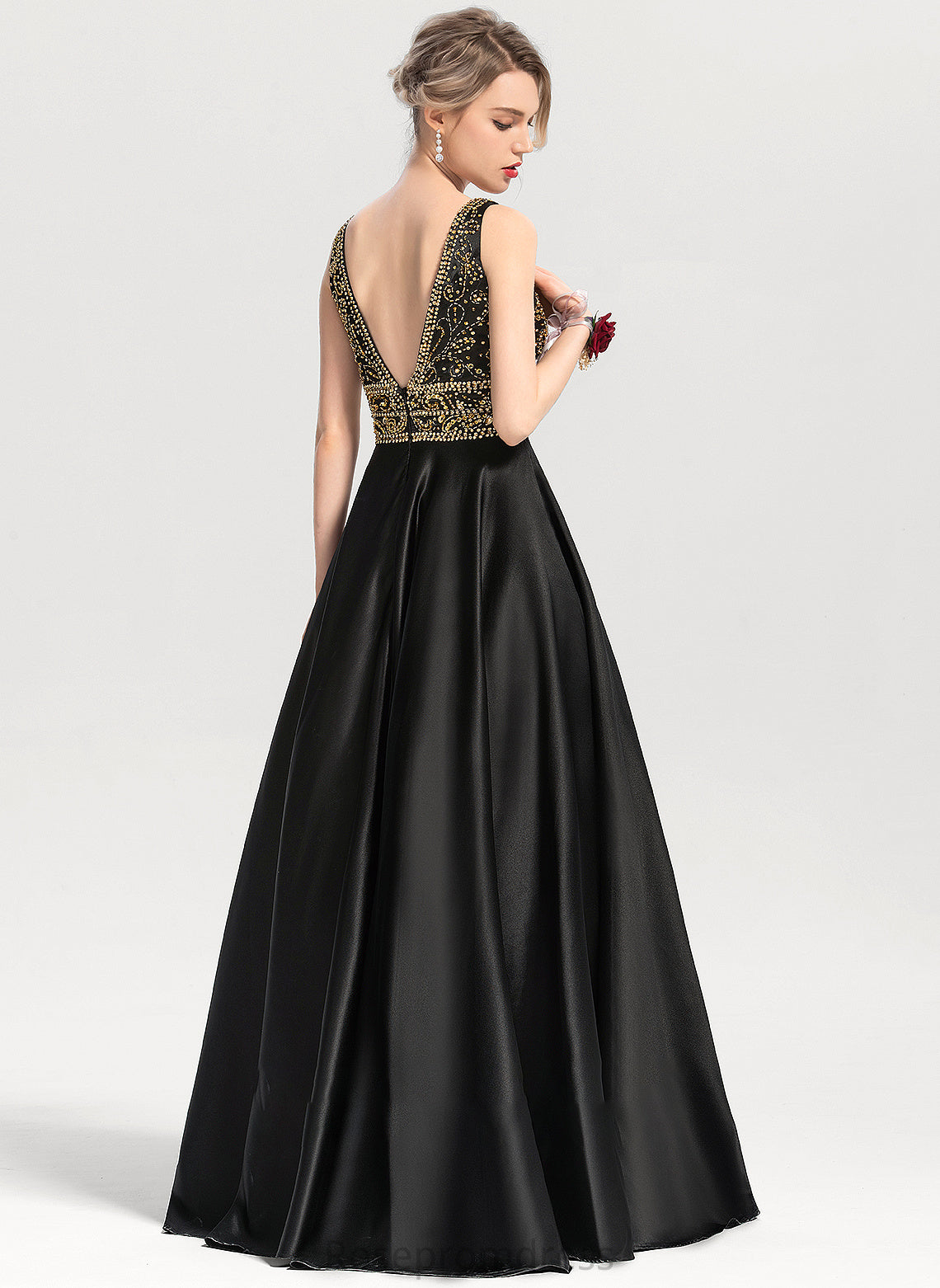 Sequins Satin Floor-Length V-neck With Emelia Prom Dresses Beading Ball-Gown/Princess