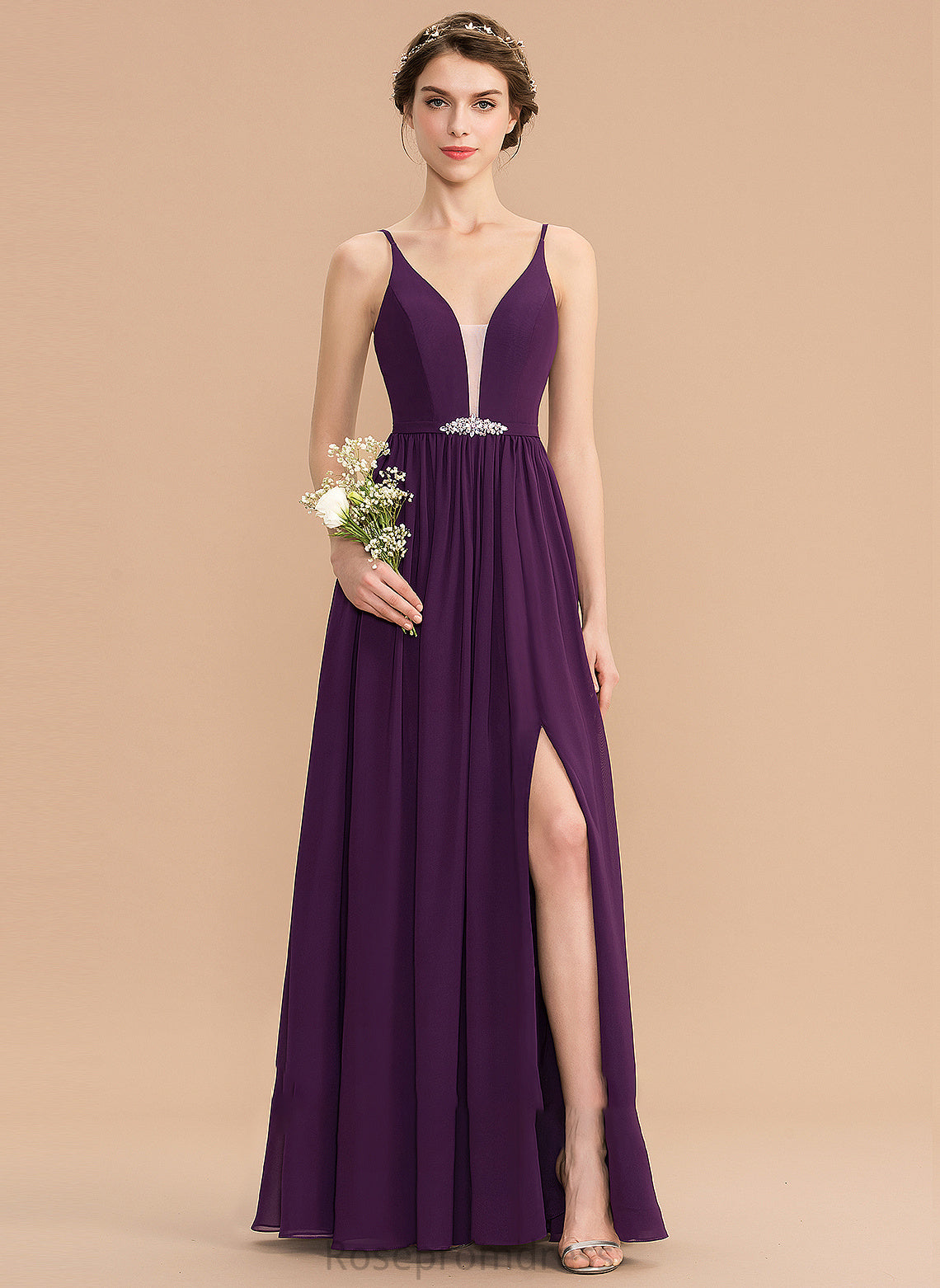 Silhouette Fabric Beading Floor-Length V-neck Length Sequins Pockets Neckline Embellishment A-Line SplitFront Bridesmaid Dresses