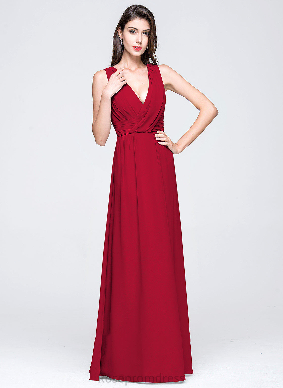 Length Fabric A-Line Silhouette Embellishment Floor-Length Neckline Ruffle V-neck Halle Stretch Satin Sleeveless Bridesmaid Dresses