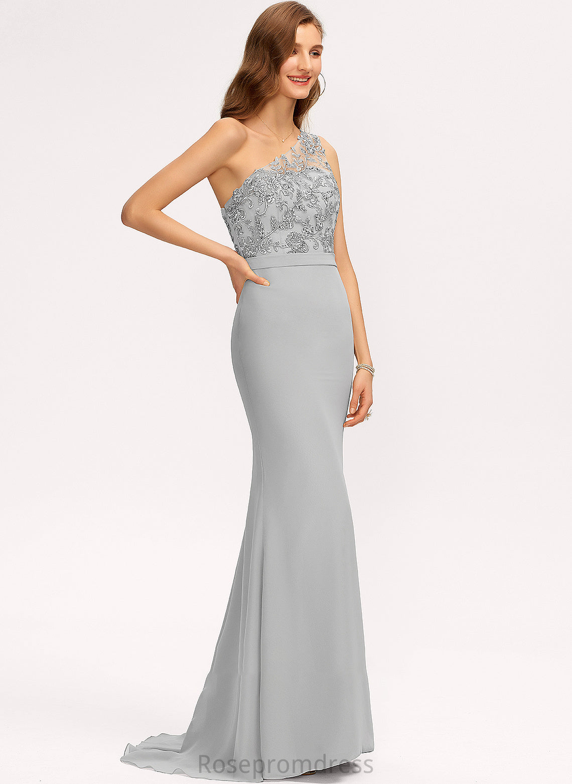 Straps Neckline Fabric Lace Length Trumpet/Mermaid One-Shoulder SweepTrain Silhouette Harmony Floor Length Half Sleeves Bridesmaid Dresses