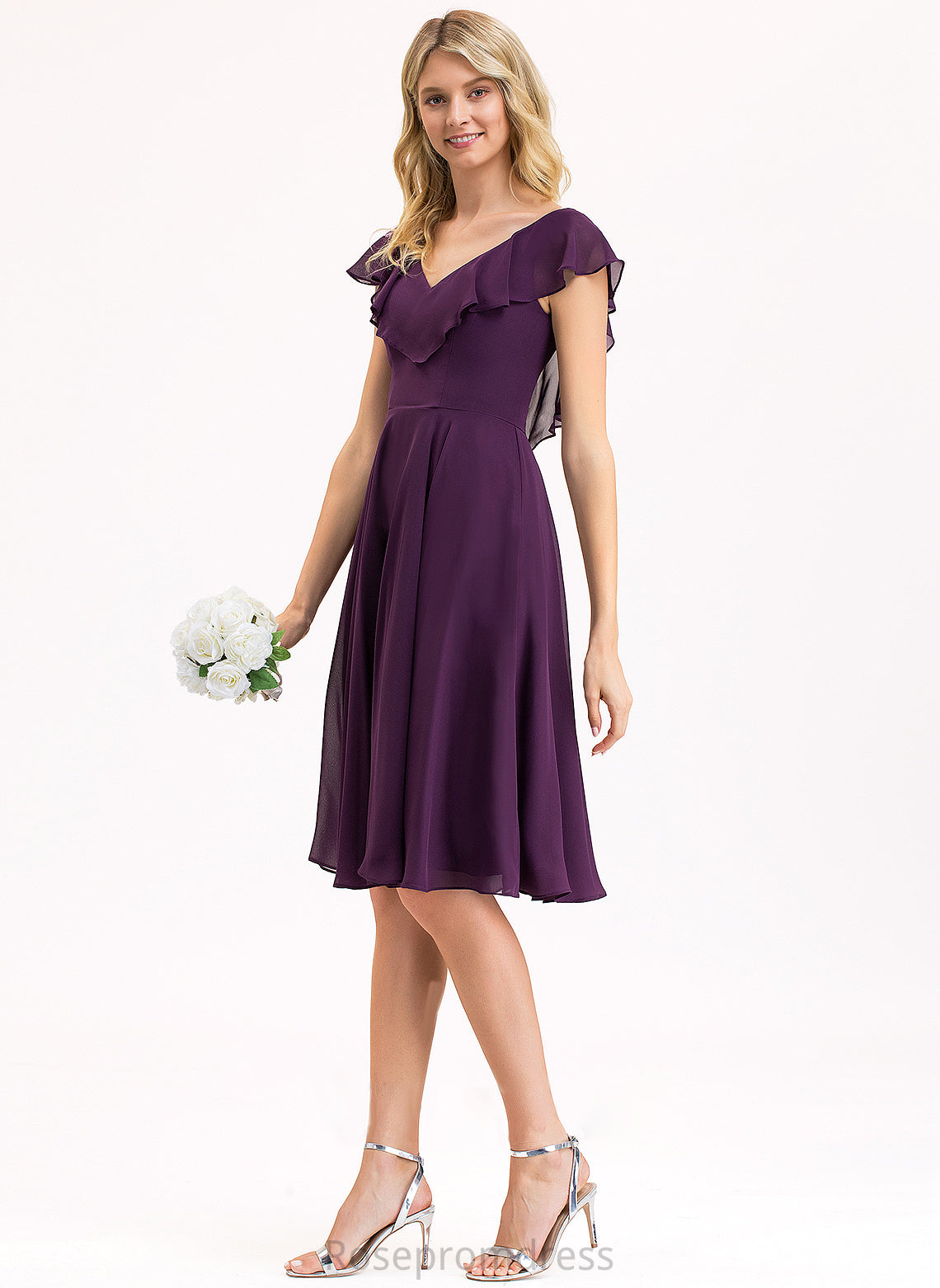 Fabric Neckline A-Line Knee-Length Length CascadingRuffles V-neck Embellishment Silhouette Izabella Natural Waist Sleeveless Bridesmaid Dresses