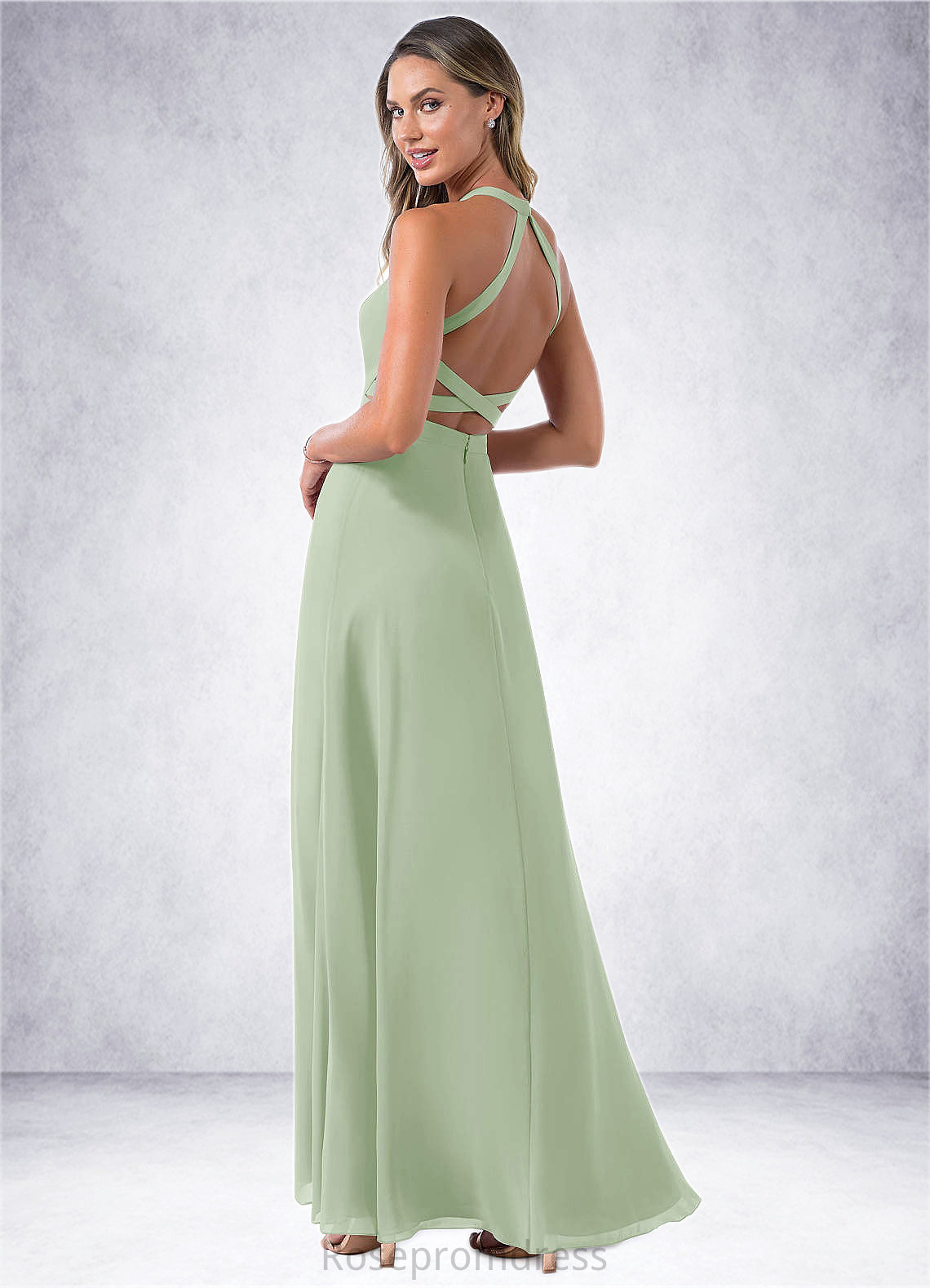 Janiah A-Line High Neck Chiffon Floor-Length Dress SRSP0019612