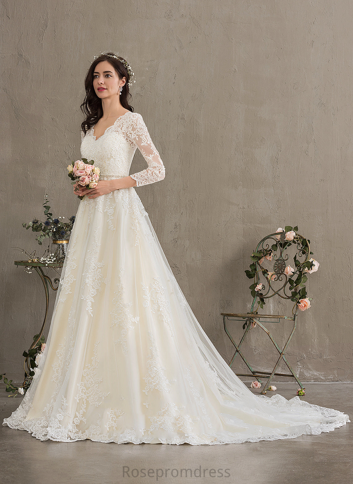Abagail Beading With V-neck Chapel Train Wedding Dresses Dress Ball-Gown/Princess Lace Sequins Tulle Wedding