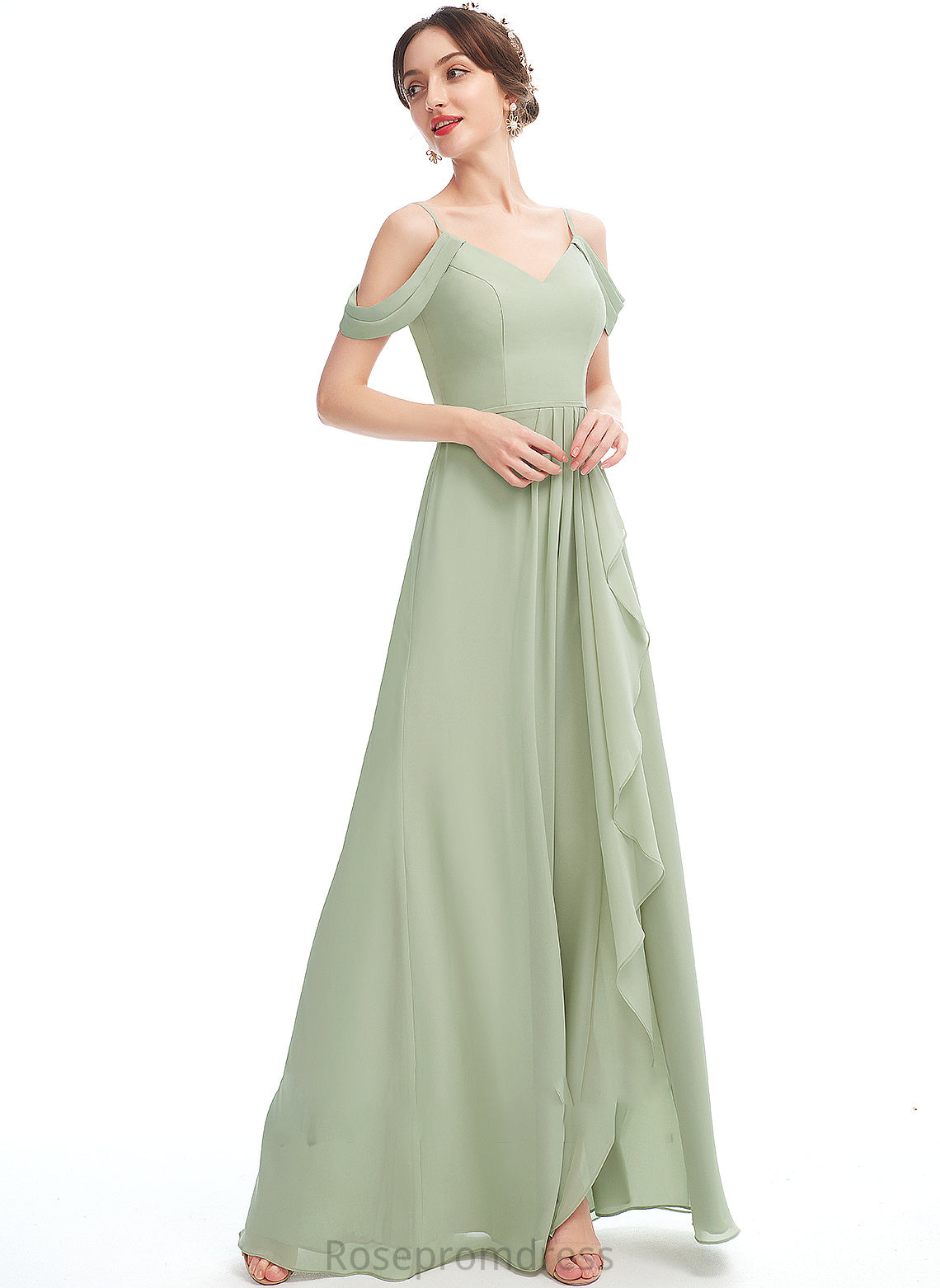 Ruffle Embellishment Neckline A-Line Silhouette V-neck Length Fabric SplitFront Floor-Length Jaslyn Bridesmaid Dresses