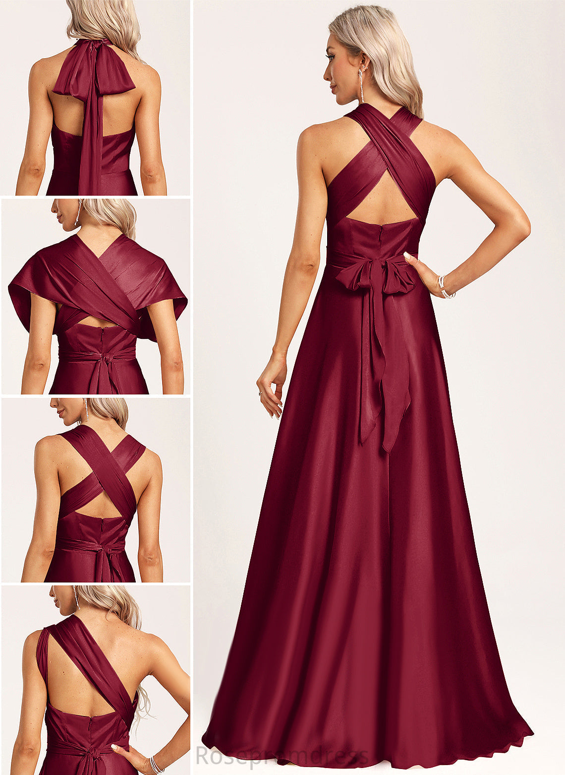 Halter Neckline Satin Fabric Length Floor-Length Silhouette A-Line One-Shoulder Straps&Sleeves V-neck Paisley Bridesmaid Dresses