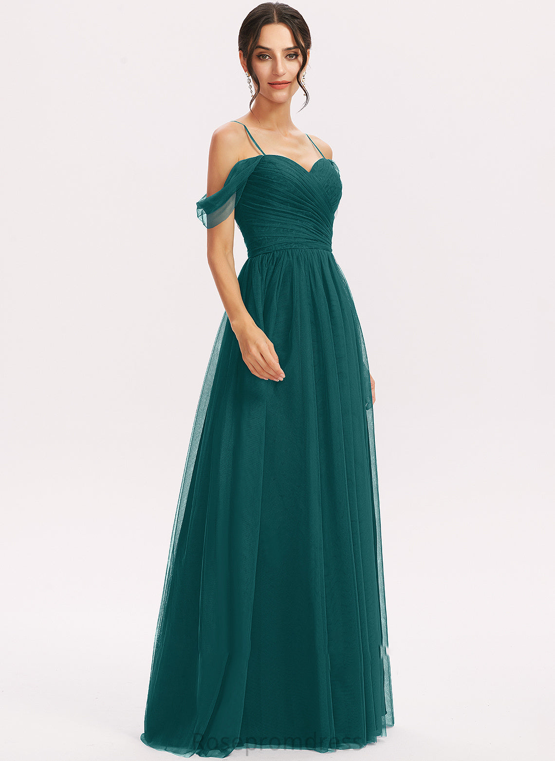Floor-Length Embellishment V-neck Ruffle Silhouette Neckline A-Line Fabric Length Cecelia Spaghetti Staps Natural Waist Bridesmaid Dresses