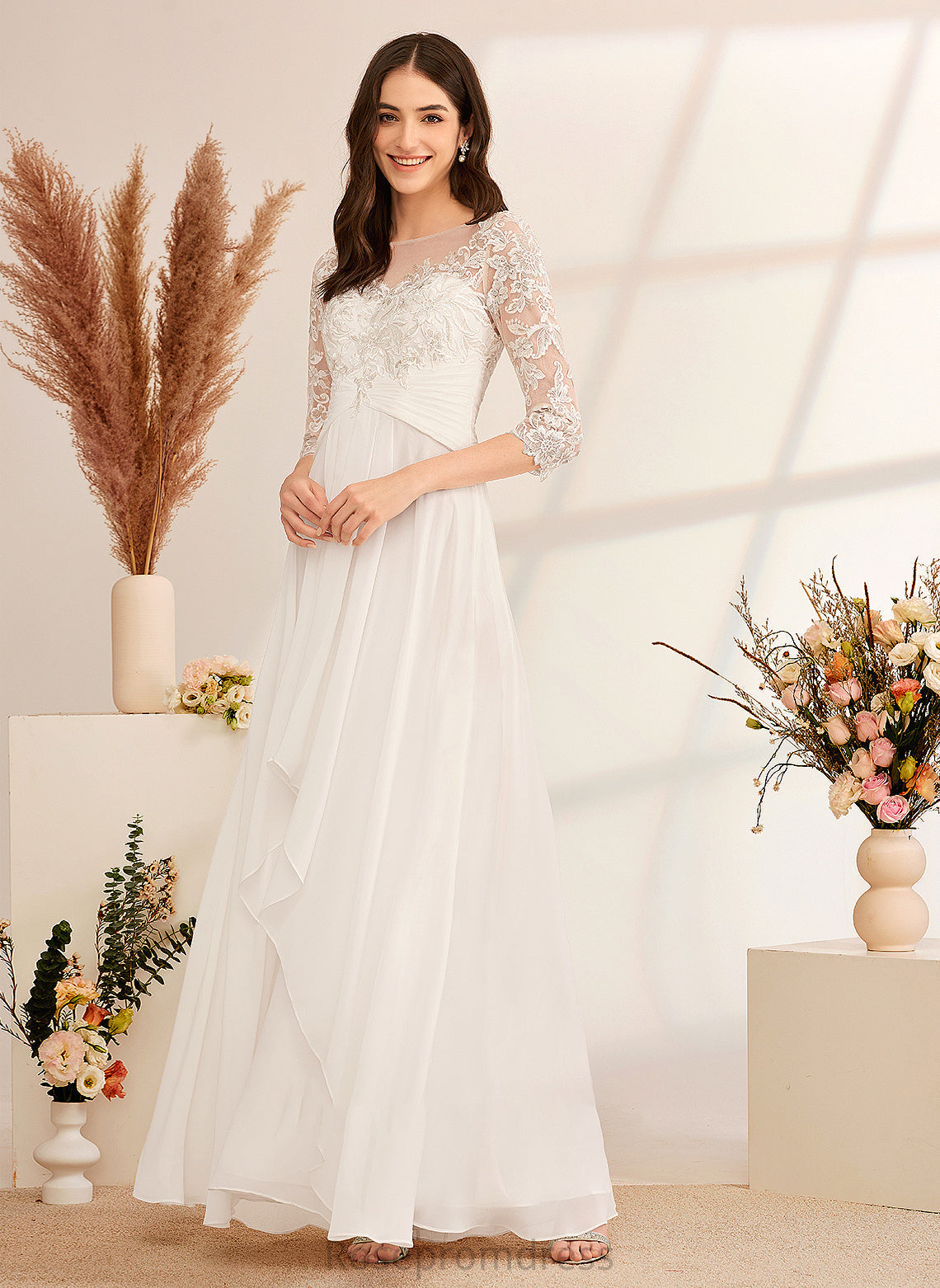 Illusion Floor-Length With Ruffle Dress Milagros A-Line Wedding Wedding Dresses Beading