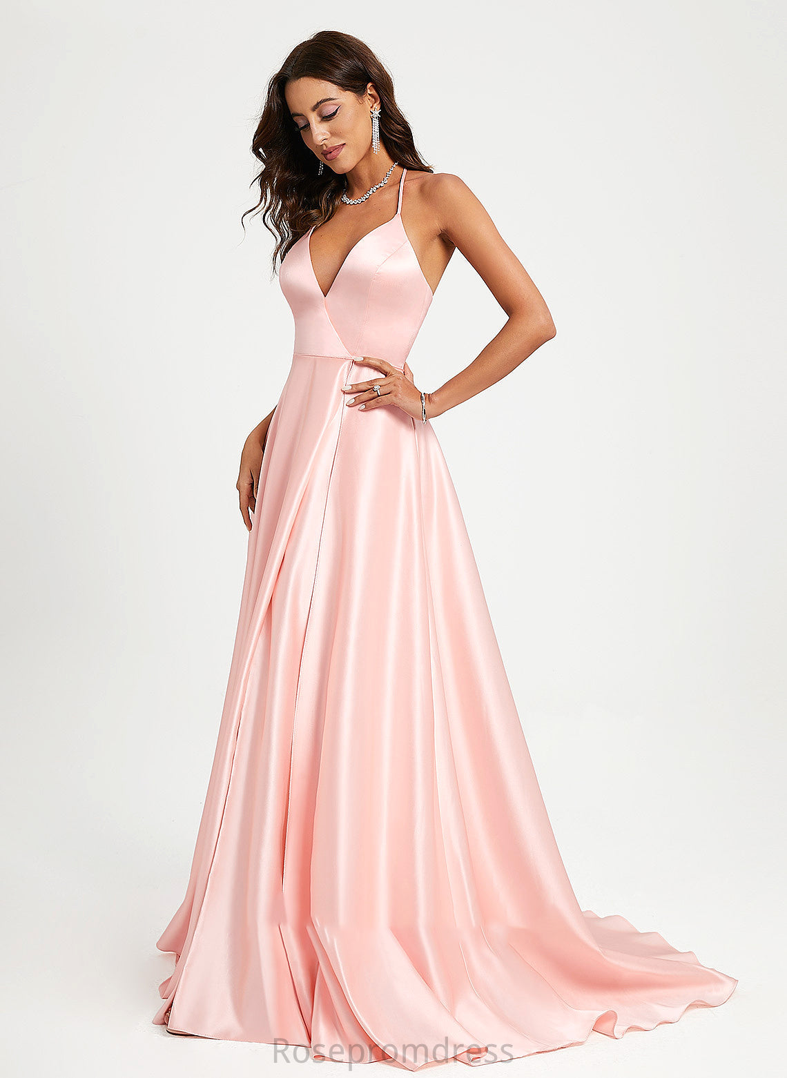 Satin Sweep V-neck Eliza A-Line Train Prom Dresses