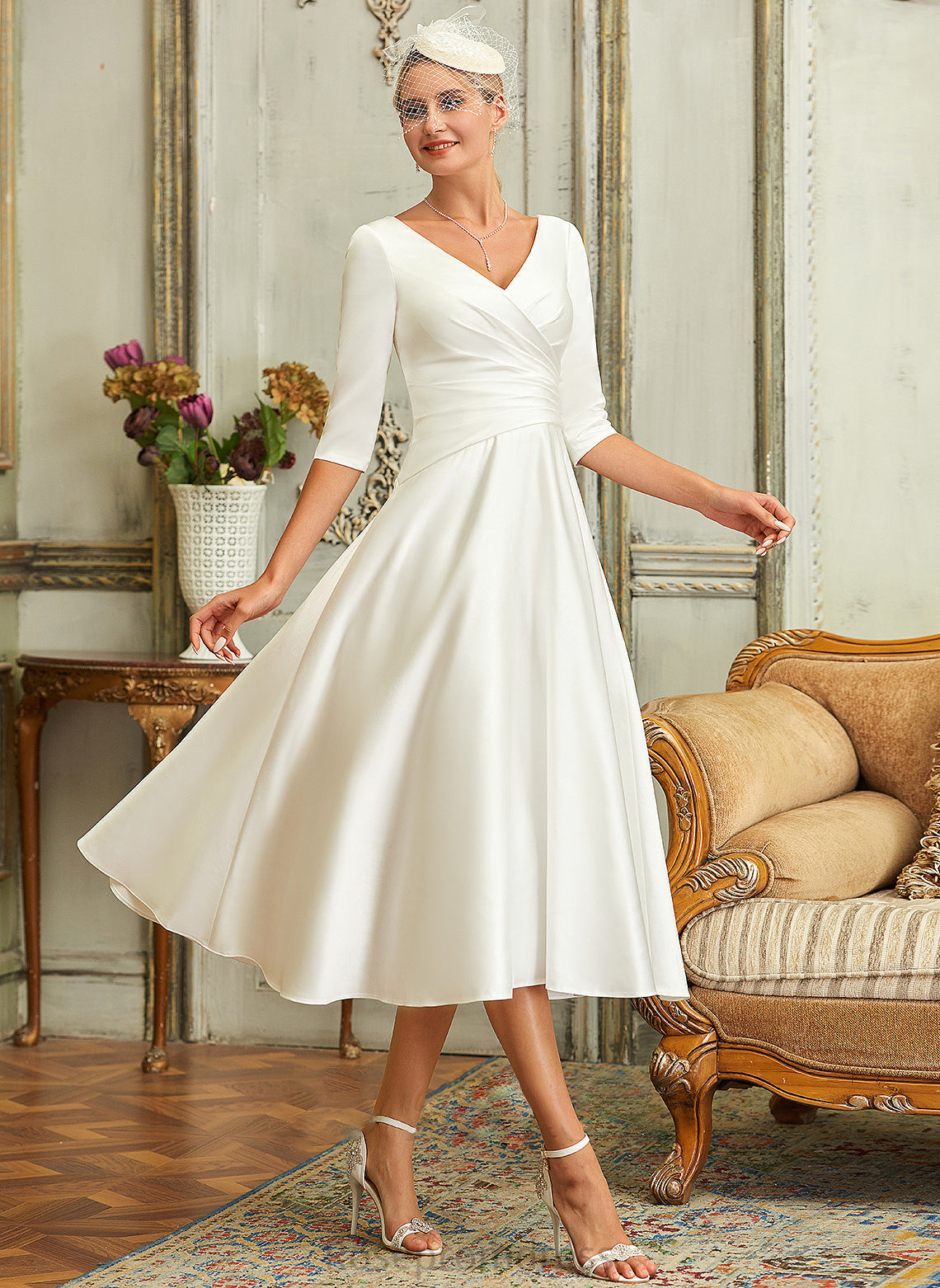 Marlee Satin Tea-Length V-neck Wedding Wedding Dresses Dress A-Line